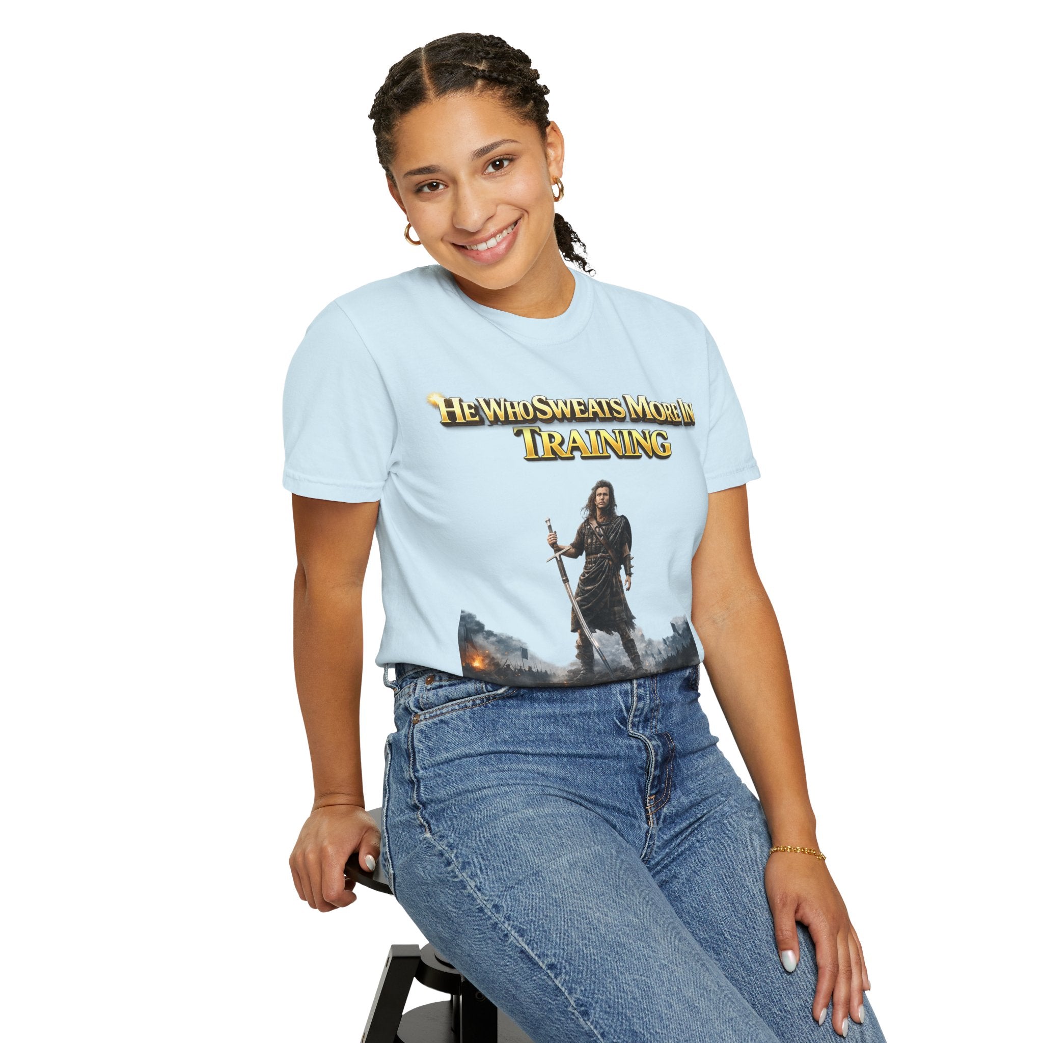 Training Warrior T-Shirt — "He Who Sweats More in Training Bleeds Less in Battle" Printify