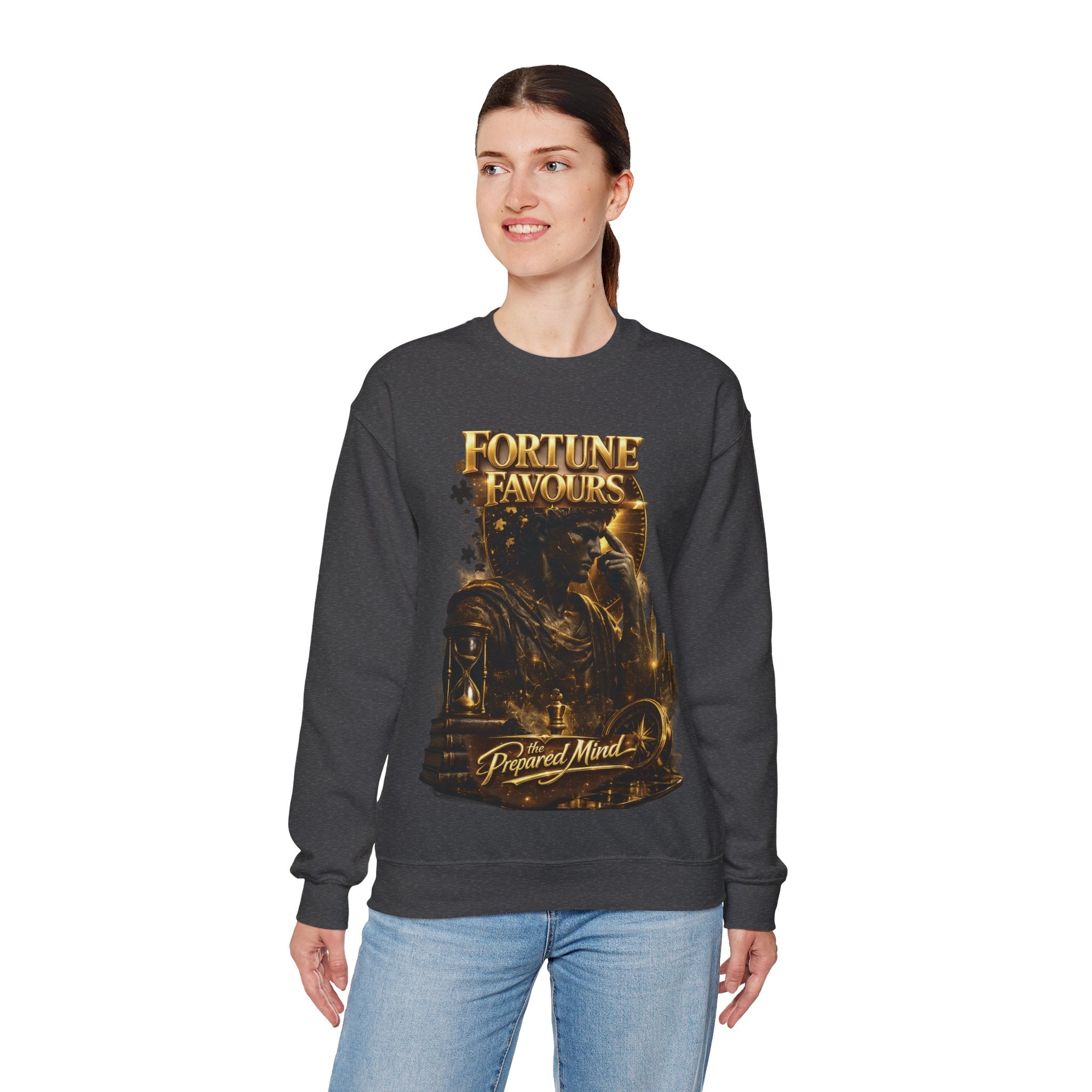 Crewneck Sweatshirt — "Fortune Favors the Prepared Mind" Motivational Design Printify