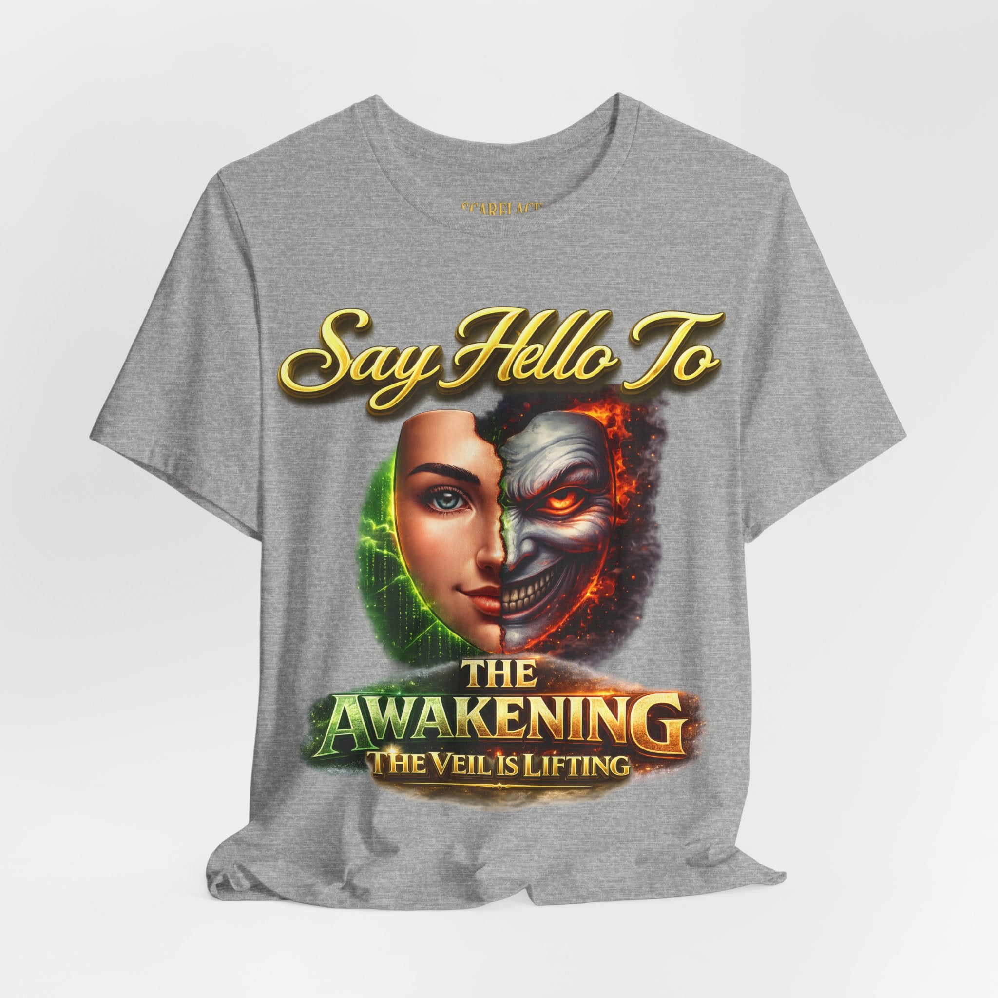 Horror Mask Split Face Tee — "Say Hello To Your Family and Friends" Graphic T-Shirt Printify