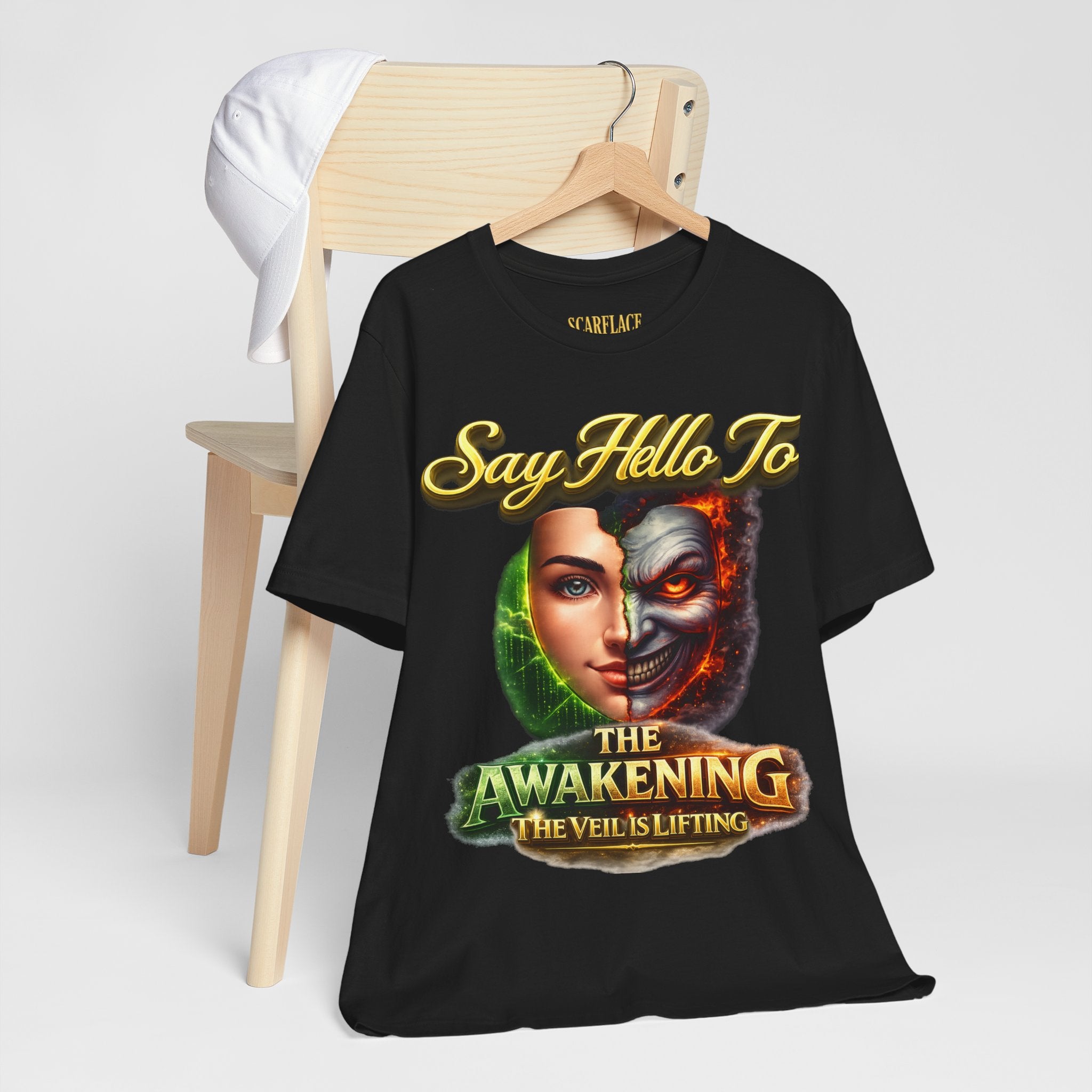 Horror Mask Split Face Tee — "Say Hello To Your Family and Friends" Graphic T-Shirt Printify