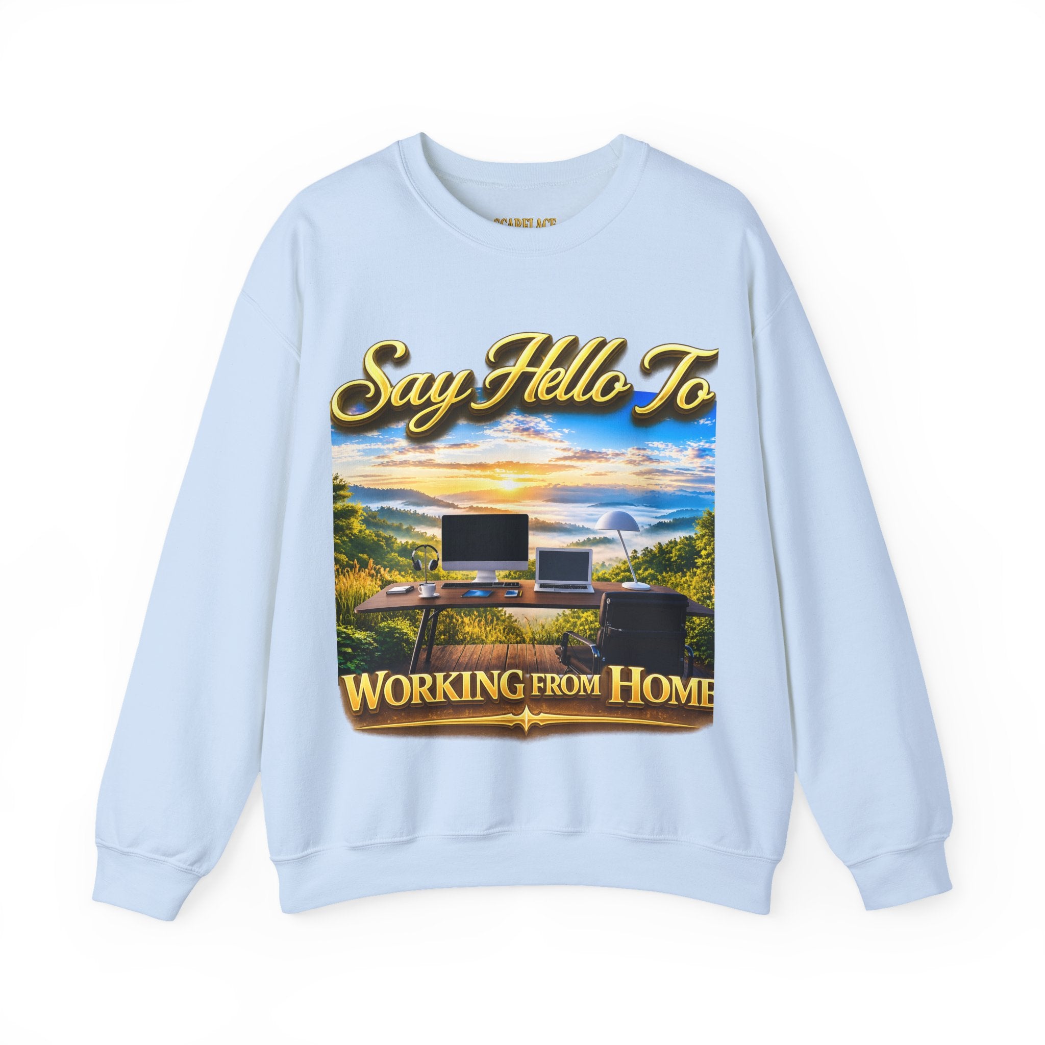 Working From Home Sweatshirt – "Say Hello To" Scenic Home Office Crewneck Printify