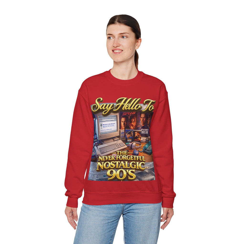 90s Nostalgia Crewneck Sweatshirt – "Say Hello To The Never Forgetful Nostalgic 90's" Printify