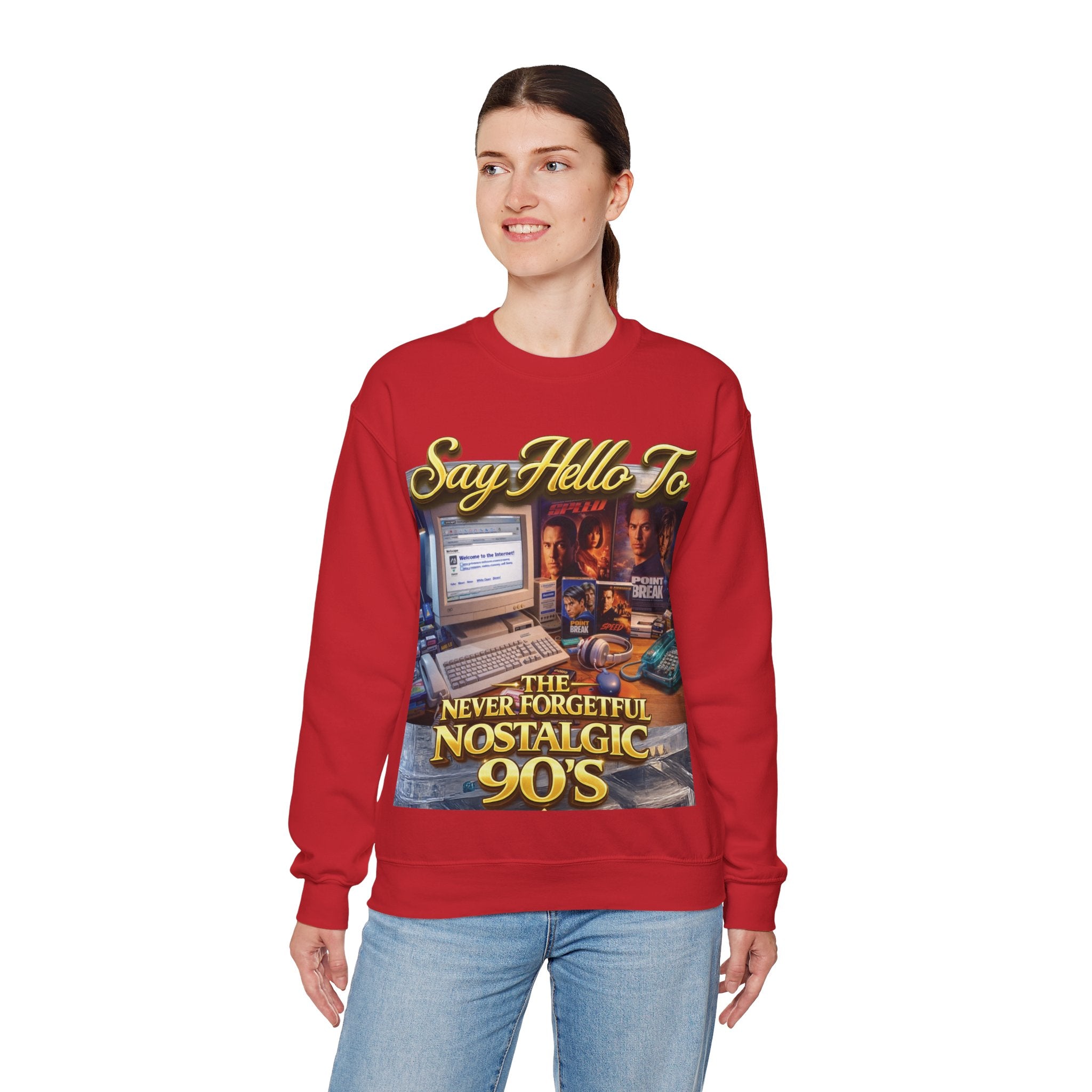 90s Nostalgia Crewneck Sweatshirt – "Say Hello To The Never Forgetful Nostalgic 90's" Printify
