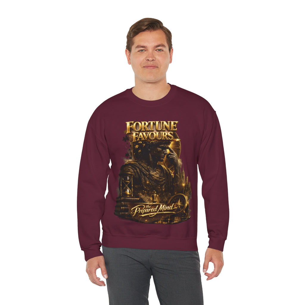 Crewneck Sweatshirt — "Fortune Favors the Prepared Mind" Motivational Design Printify