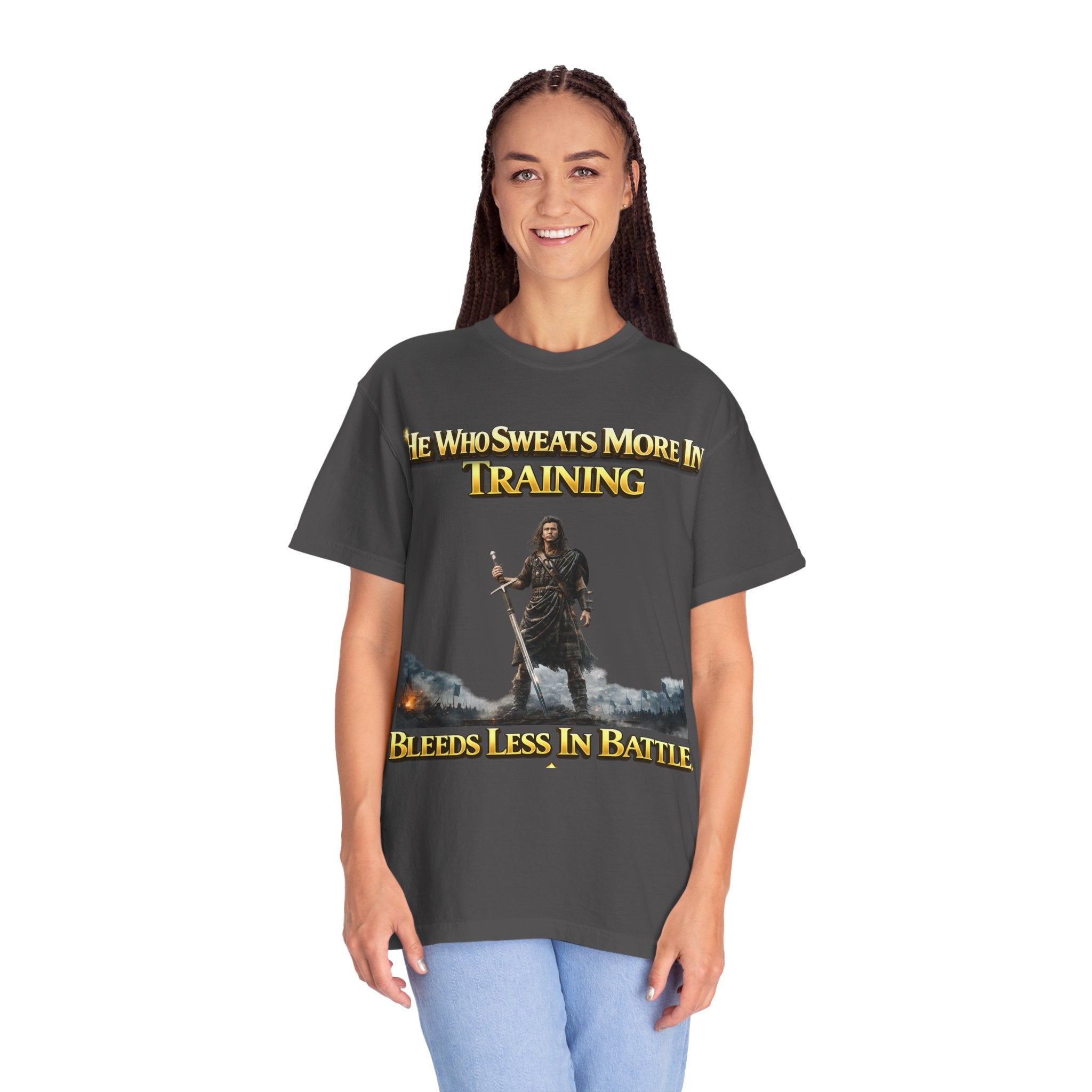 Training Warrior T-Shirt — "He Who Sweats More in Training Bleeds Less in Battle" Printify