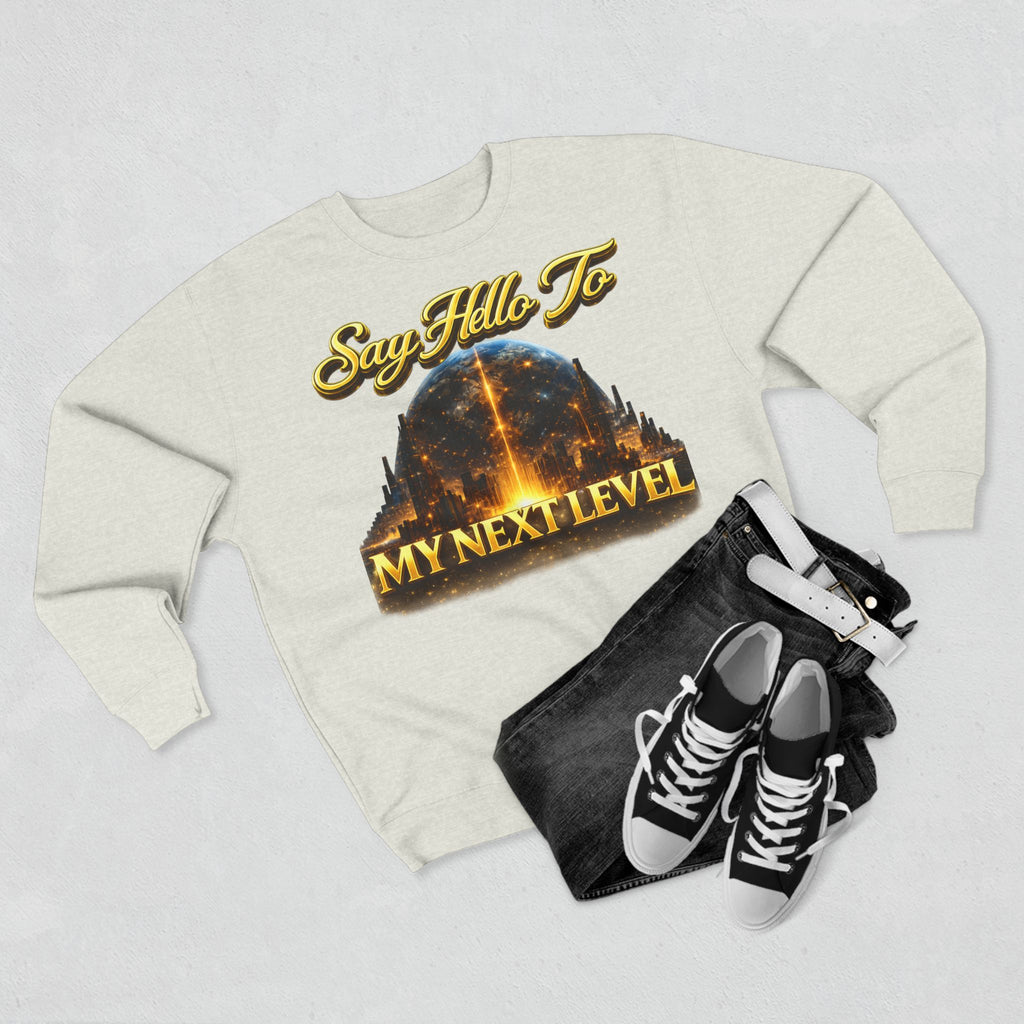 Crewneck Sweatshirt — "Say Hello to My Next Level" Golden Sci‑Fi City Graphic Printify