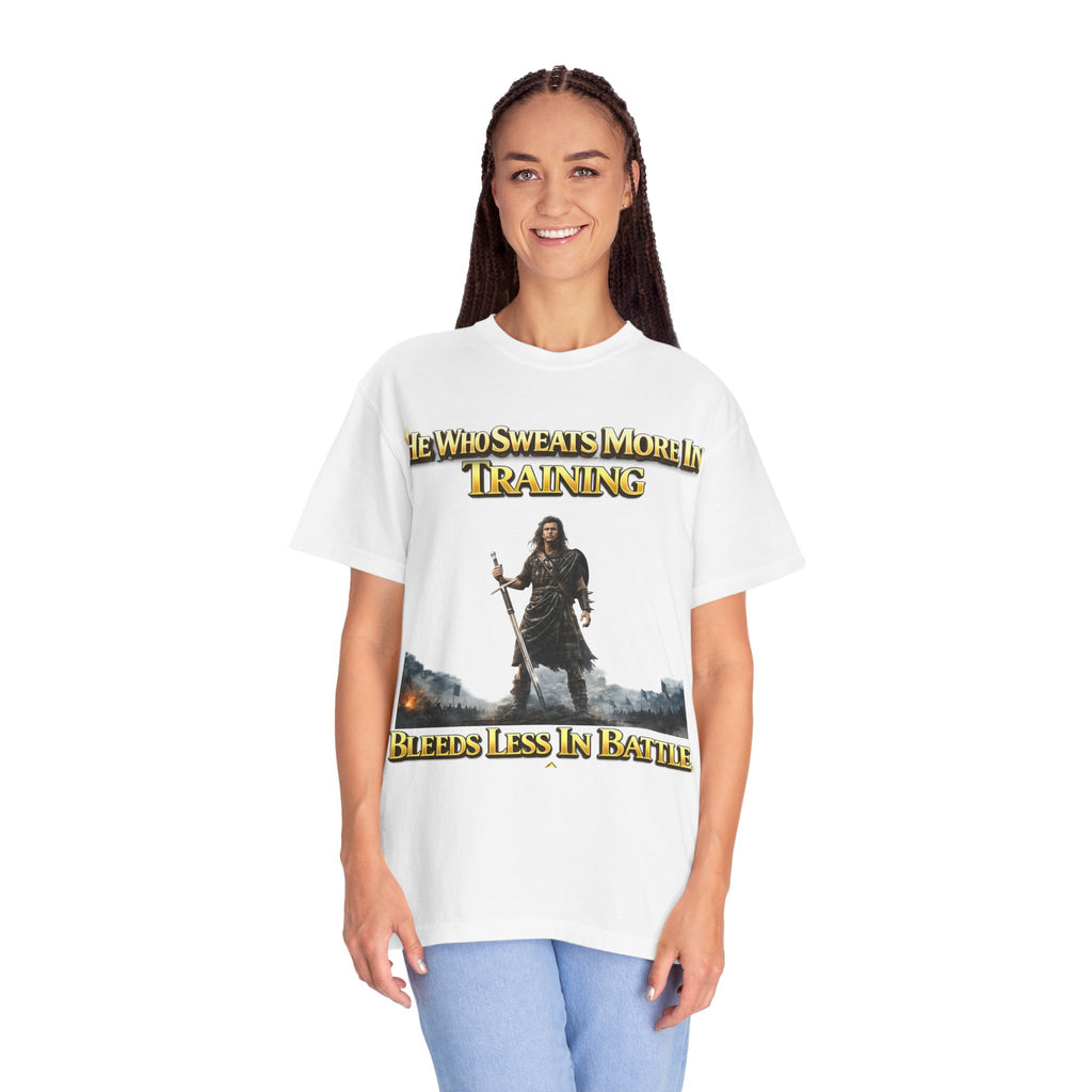 Training Warrior T-Shirt — "He Who Sweats More in Training Bleeds Less in Battle" Printify