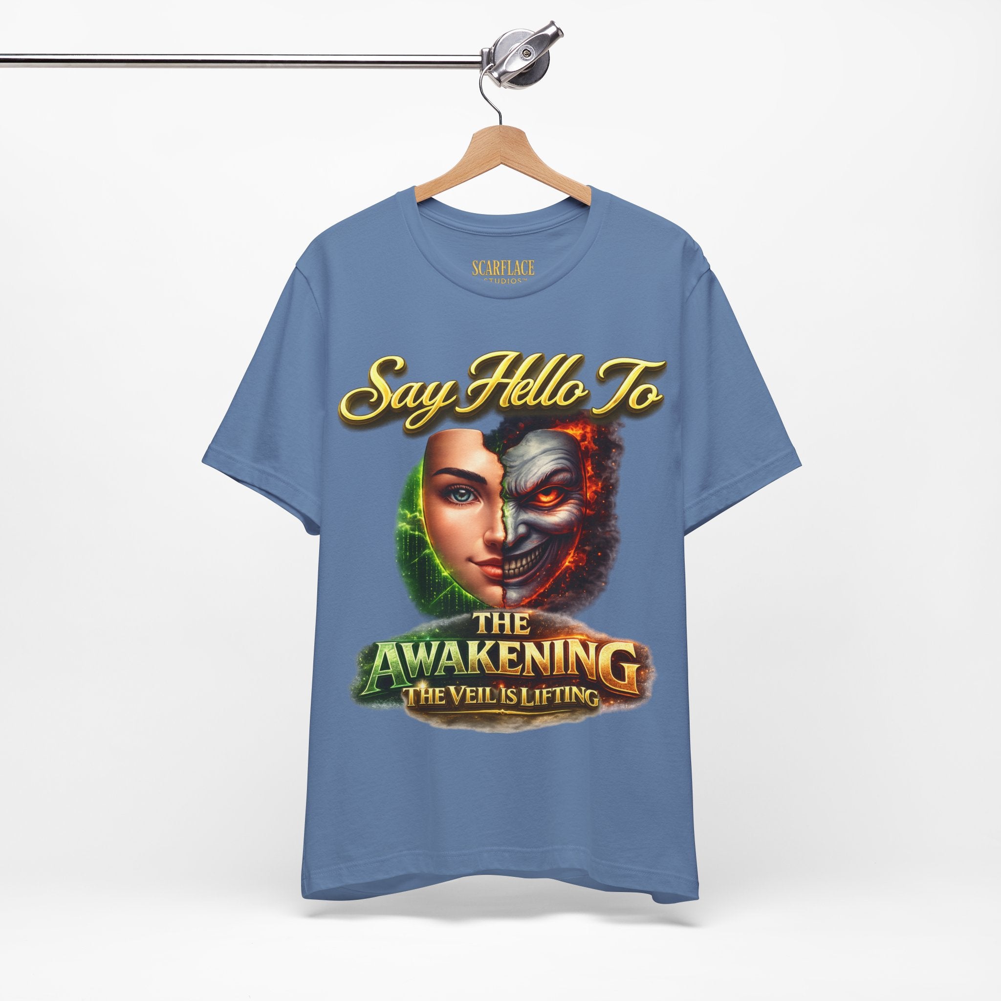 Horror Mask Split Face Tee — "Say Hello To Your Family and Friends" Graphic T-Shirt Printify