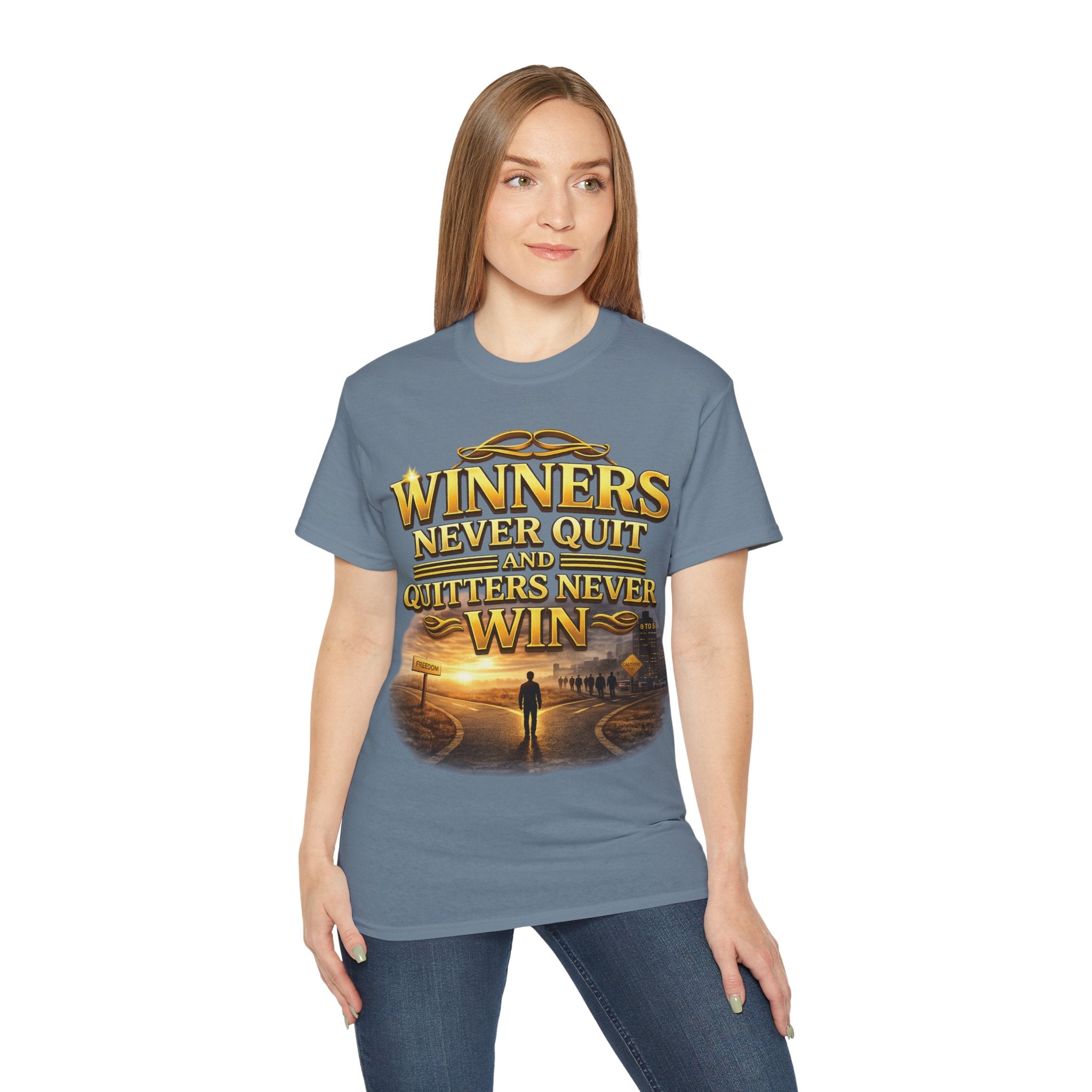 Winners Never Quit Inspirational Tee — Motivational Quote Shirt Printify