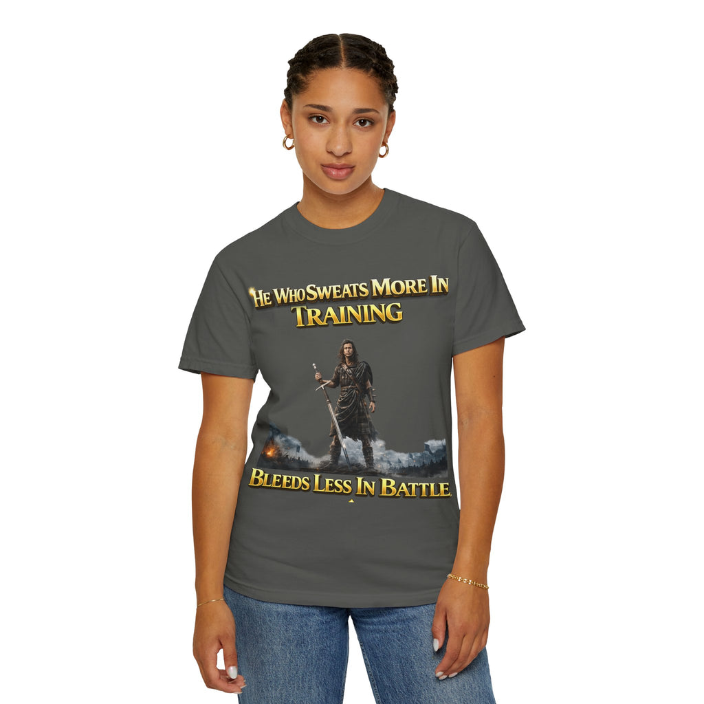 Training Warrior T-Shirt — "He Who Sweats More in Training Bleeds Less in Battle" Printify