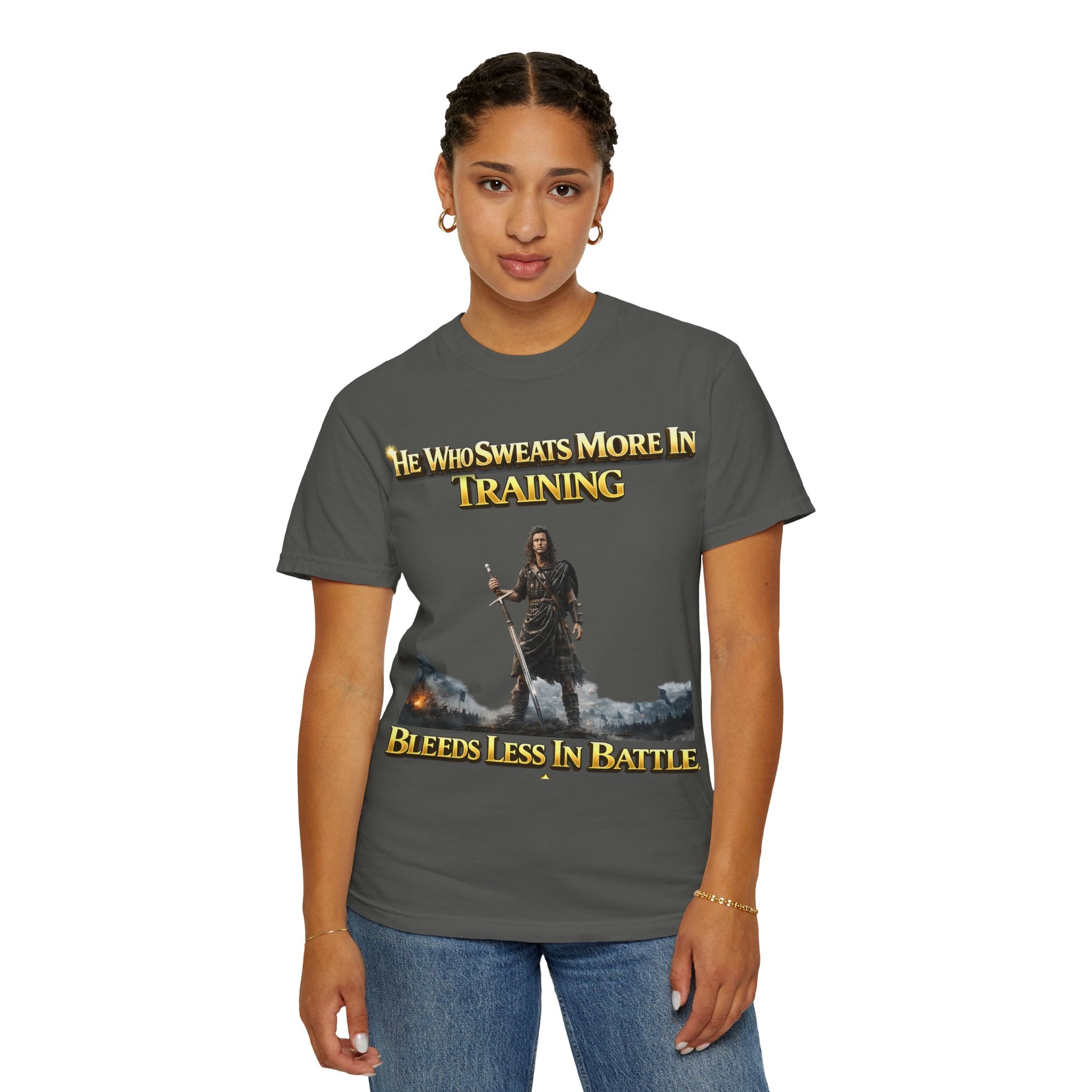 Training Warrior T-Shirt — "He Who Sweats More in Training Bleeds Less in Battle" Printify