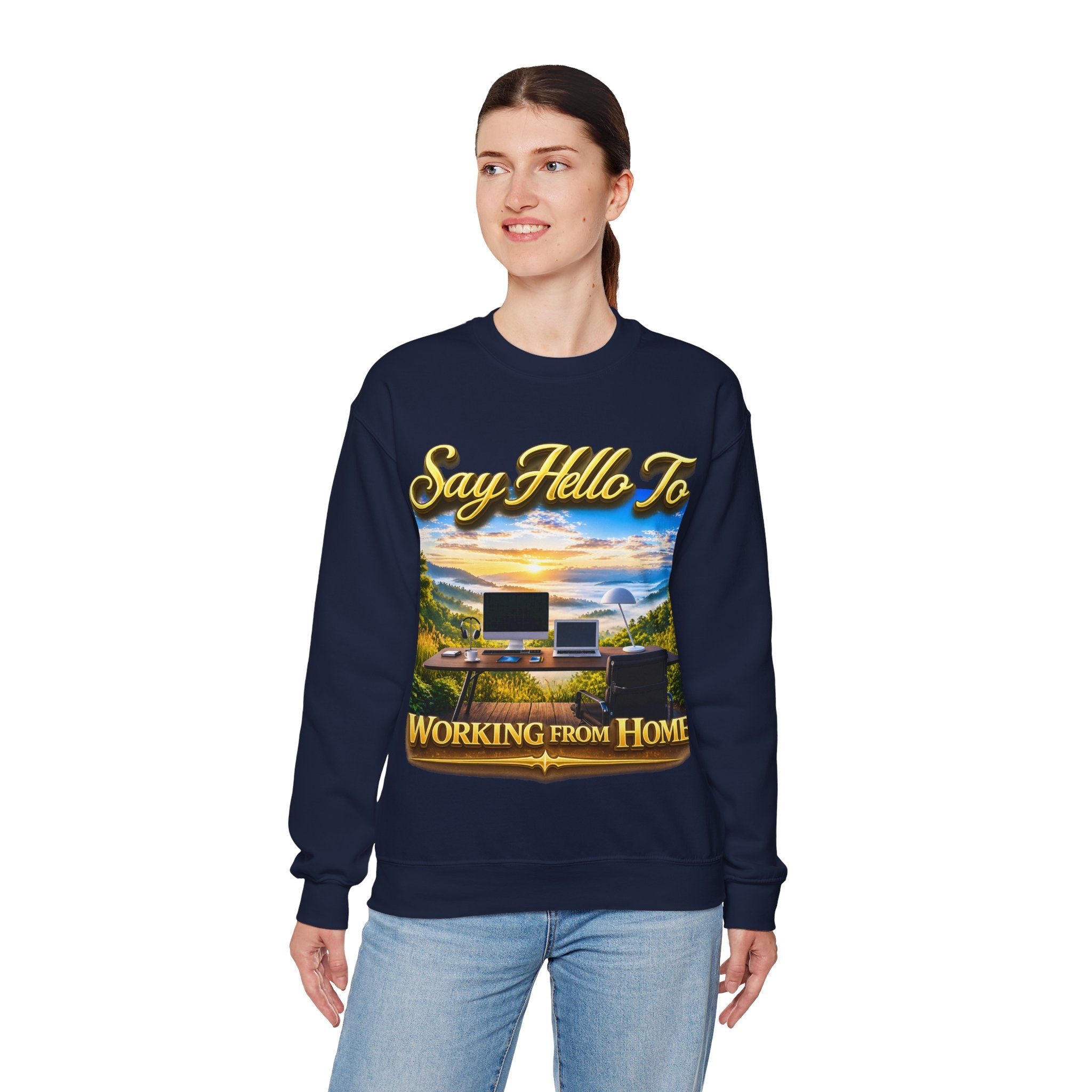 Working From Home Sweatshirt – "Say Hello To" Scenic Home Office Crewneck Printify