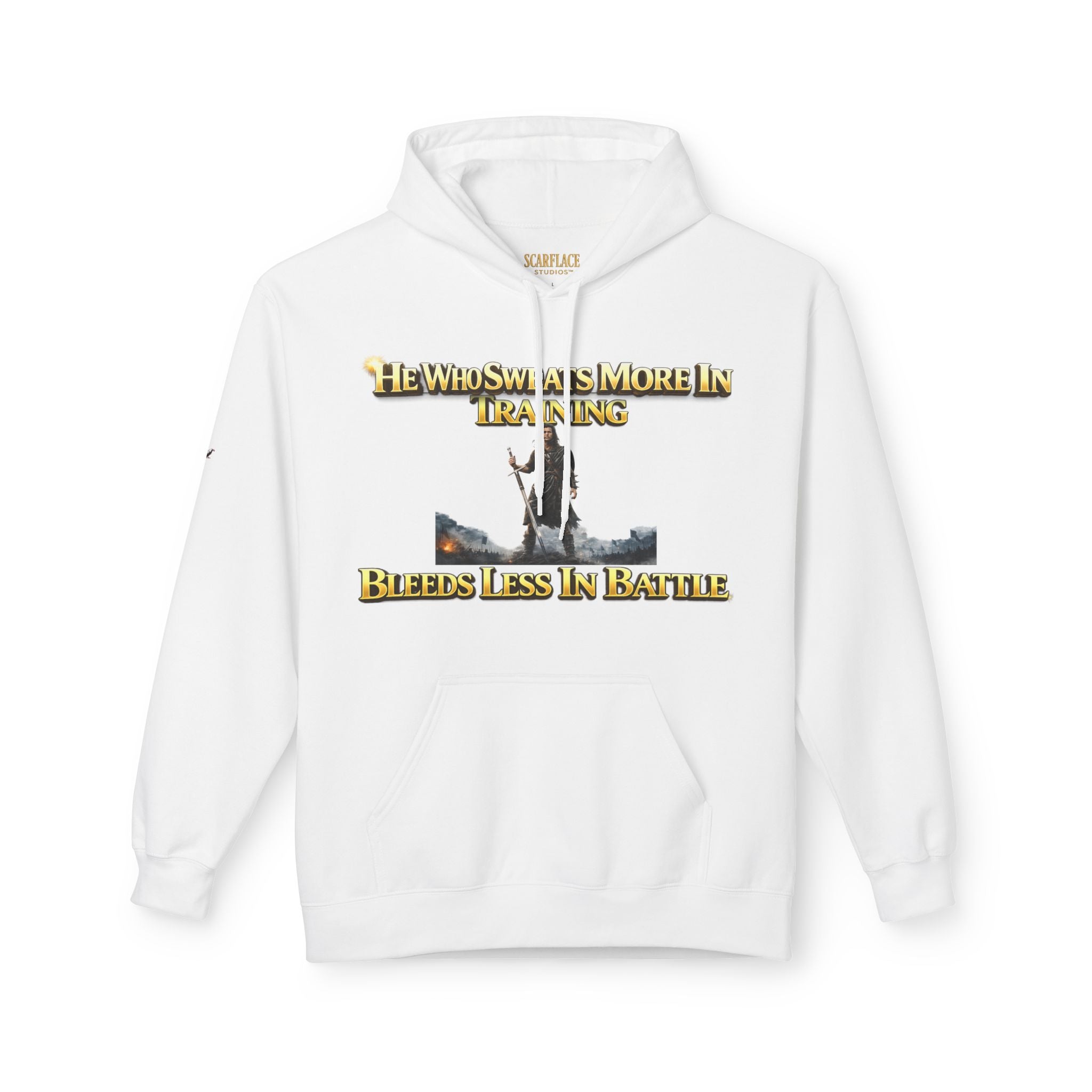 Warrior Training Hoodie — "He Who Sweats More in Training Bleeds Less in Battle" Printify