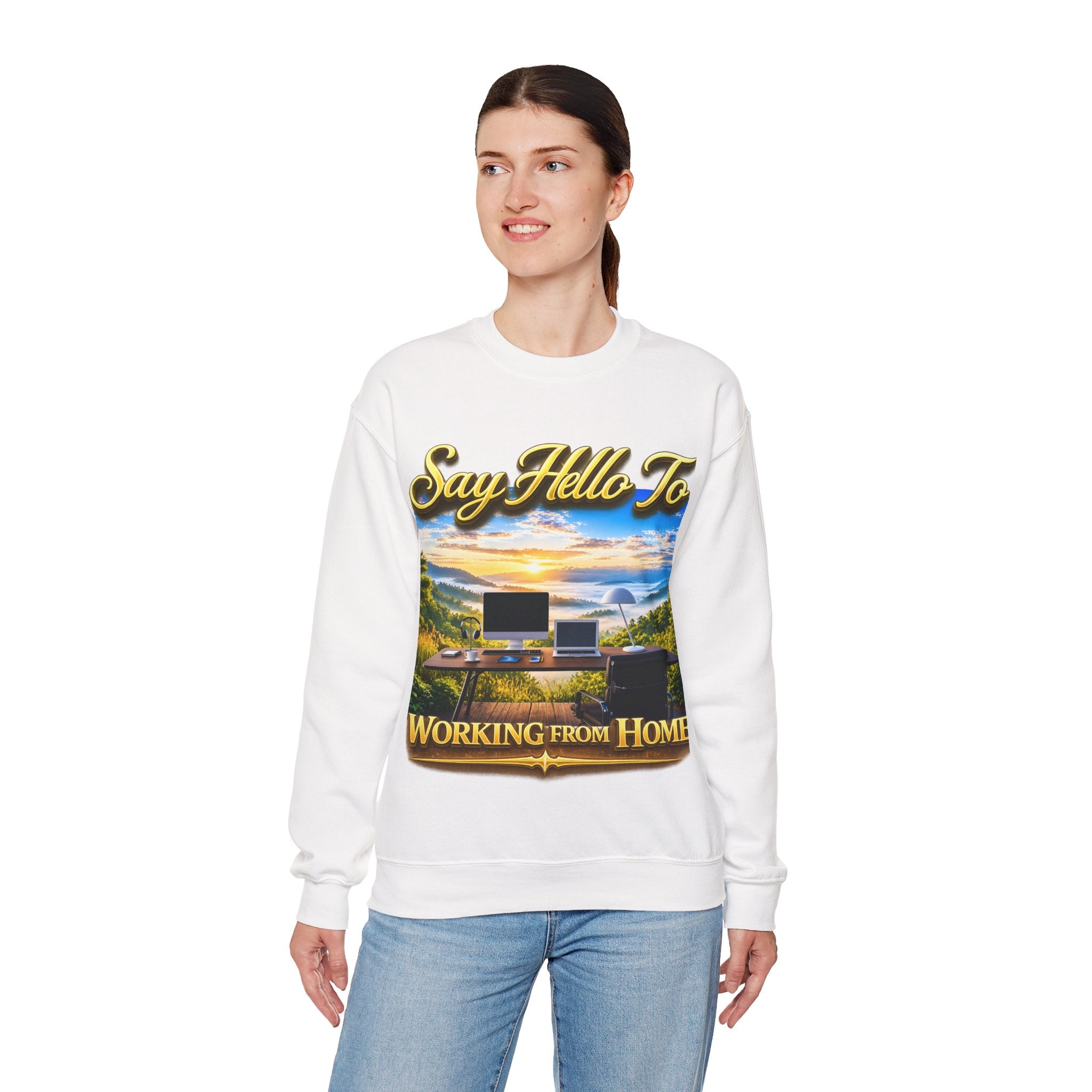 Working From Home Sweatshirt – "Say Hello To" Scenic Home Office Crewneck Printify