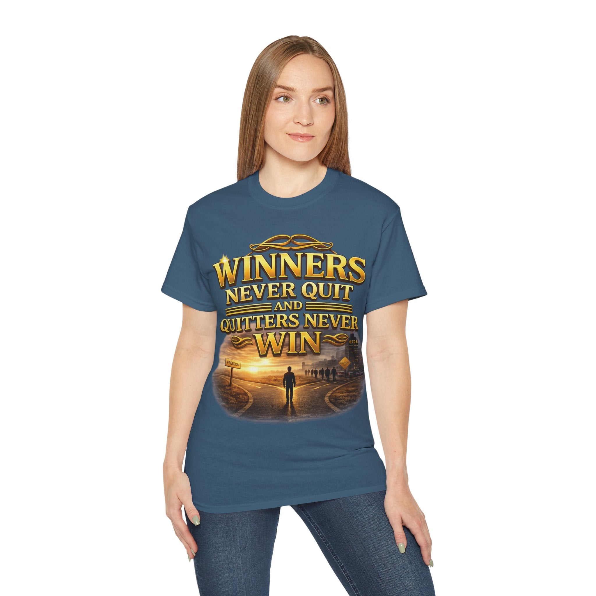 Winners Never Quit Inspirational Tee — Motivational Quote Shirt Printify