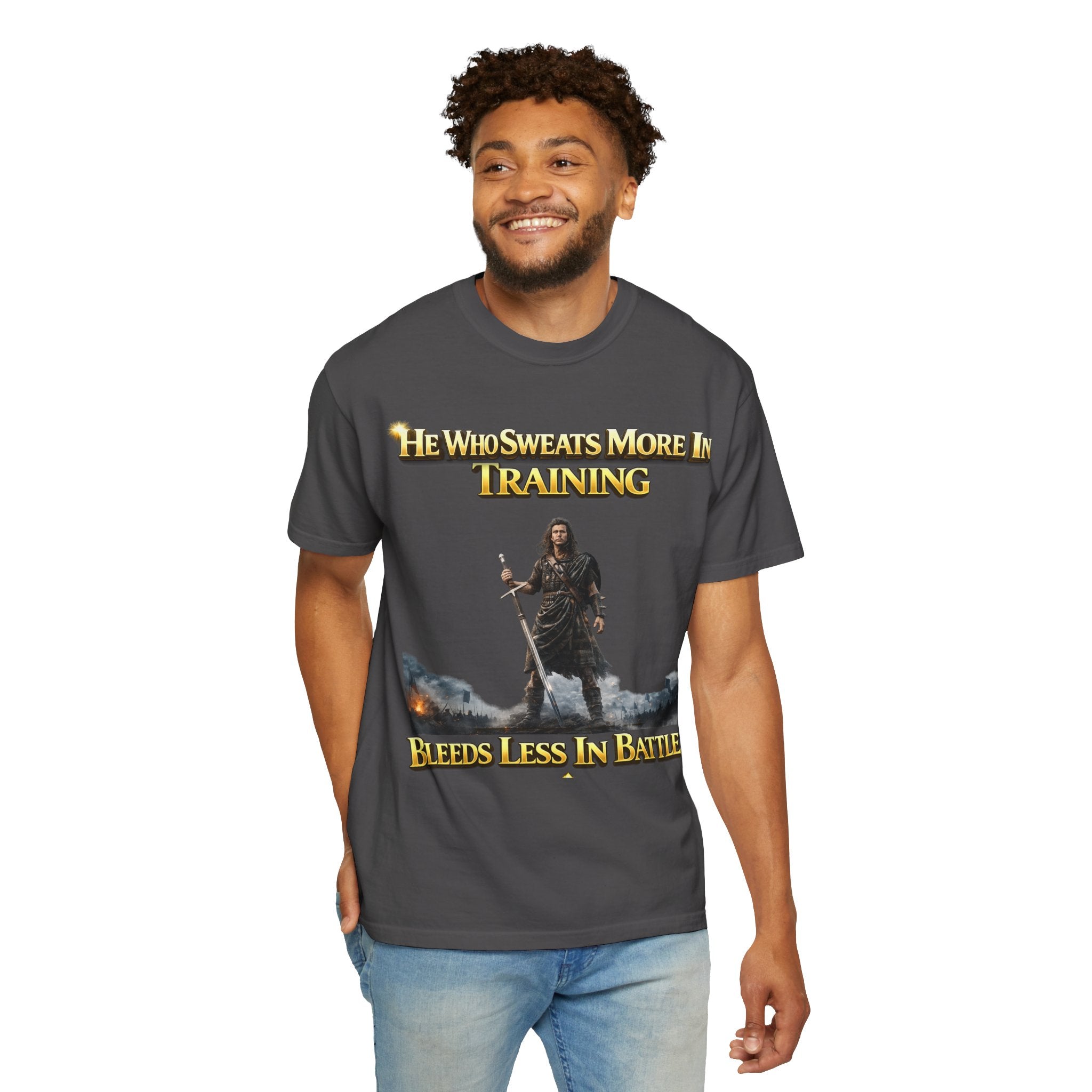 Training Warrior T-Shirt — "He Who Sweats More in Training Bleeds Less in Battle" Printify
