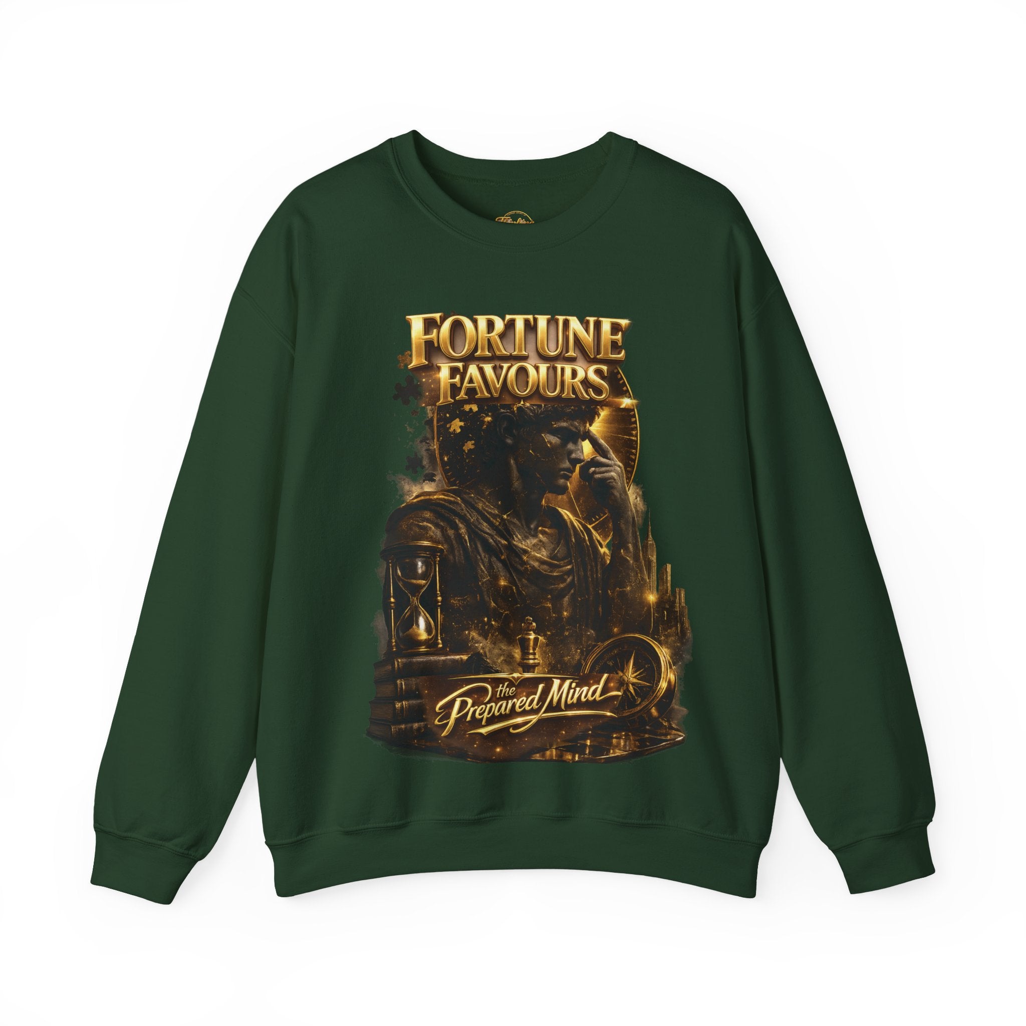 Crewneck Sweatshirt — "Fortune Favors the Prepared Mind" Motivational Design Printify