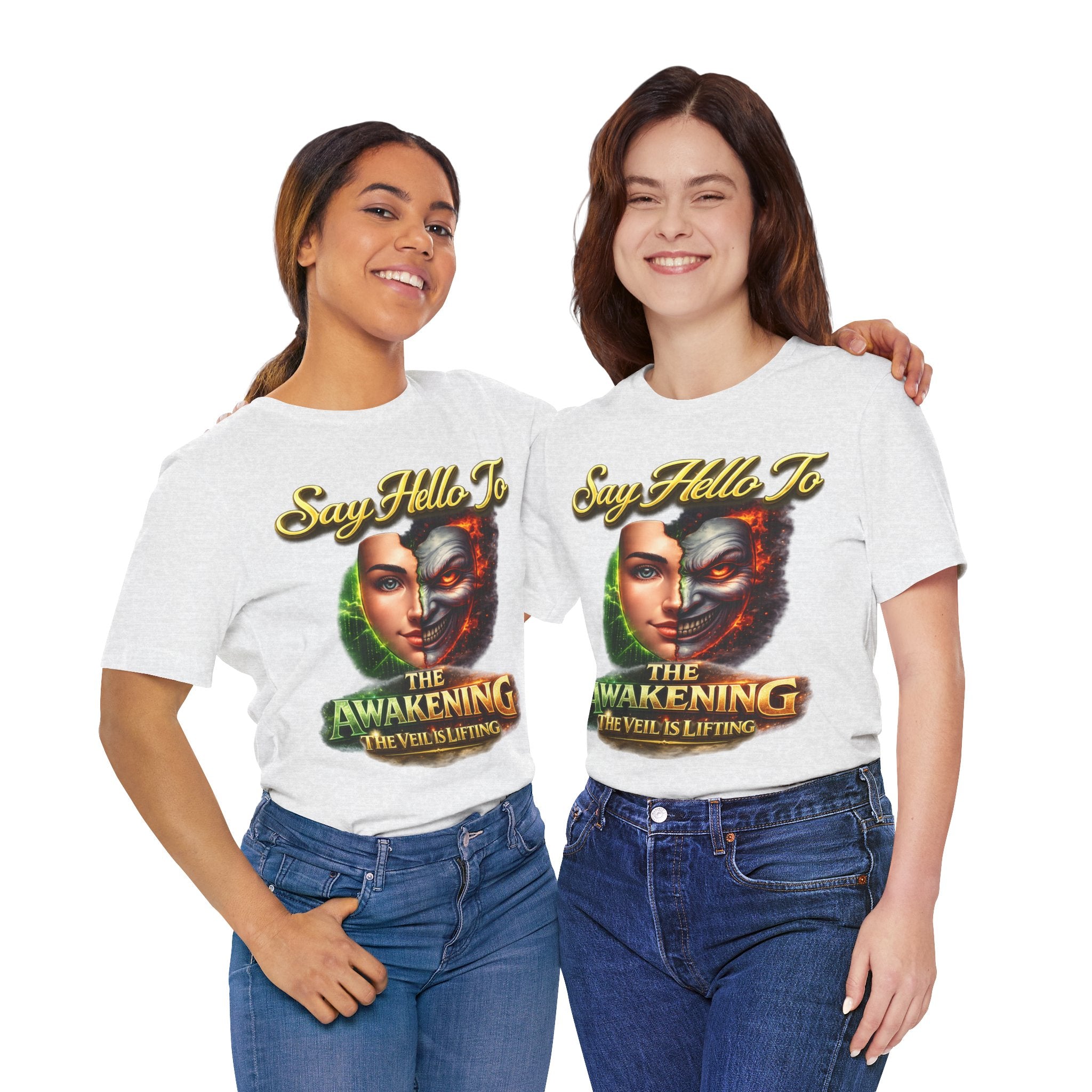 Horror Mask Split Face Tee — "Say Hello To Your Family and Friends" Graphic T-Shirt Printify