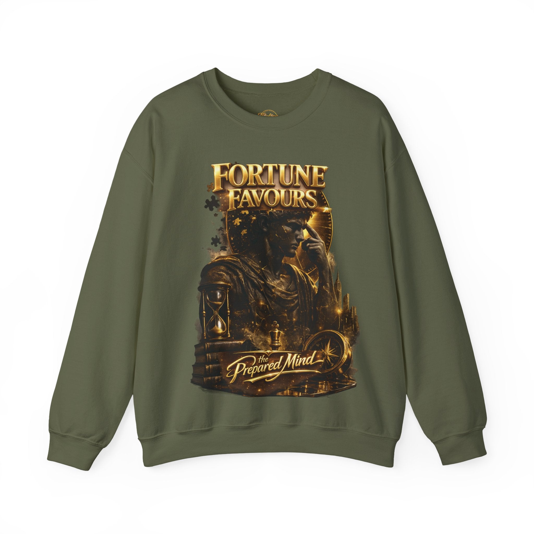 Crewneck Sweatshirt — "Fortune Favors the Prepared Mind" Motivational Design Printify