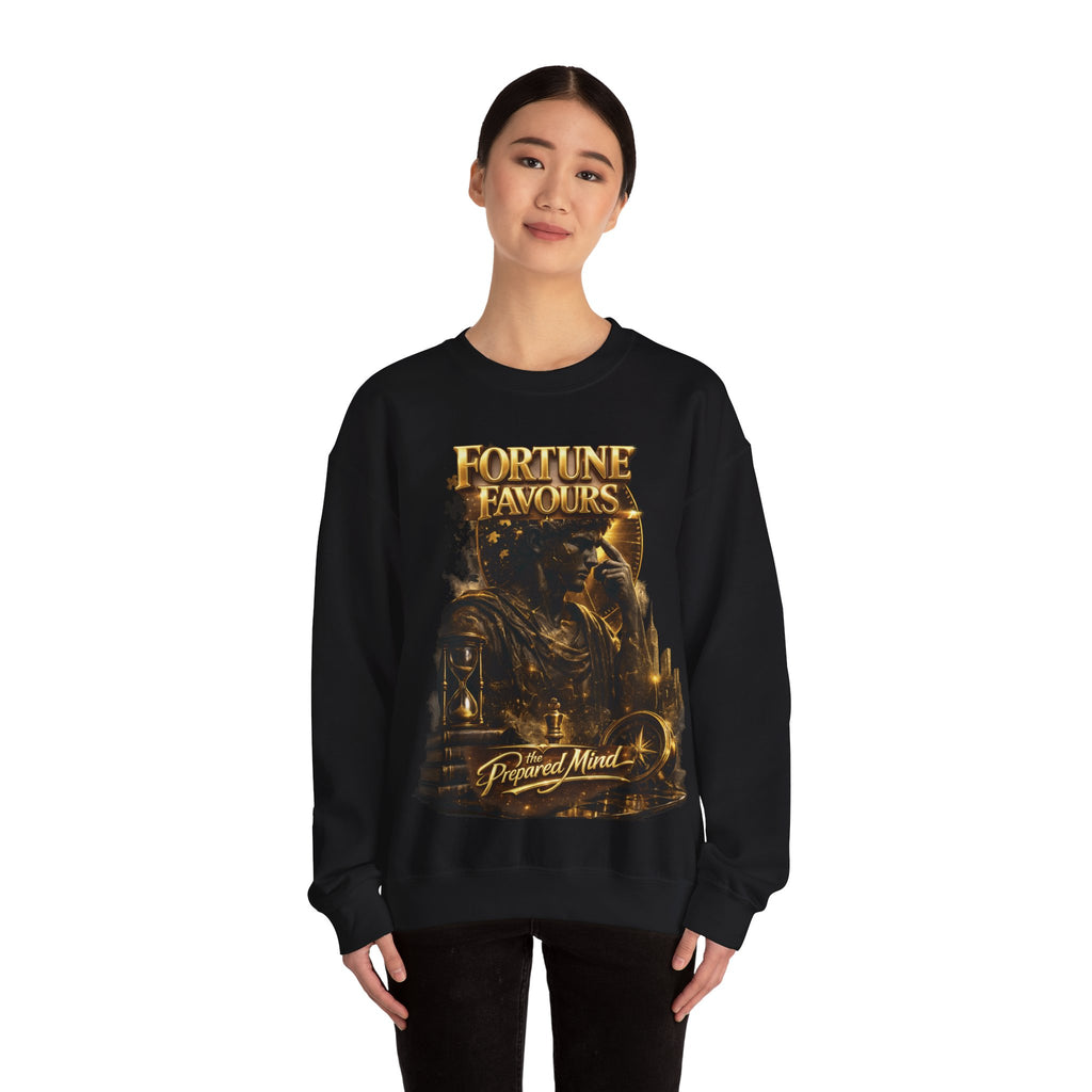 Crewneck Sweatshirt — "Fortune Favors the Prepared Mind" Motivational Design Printify