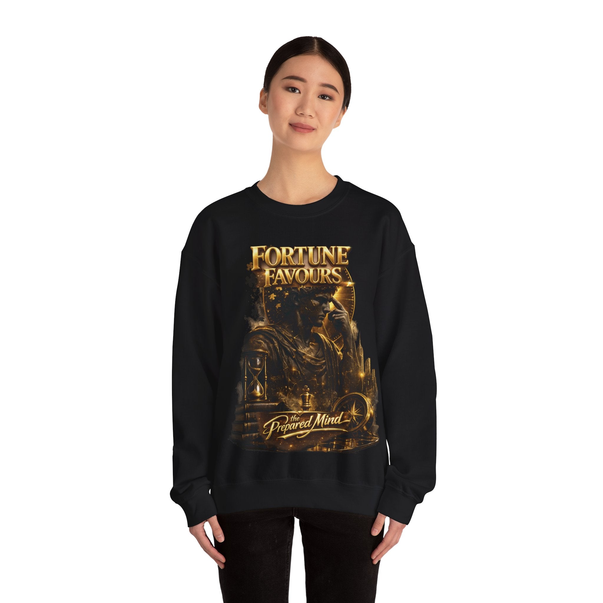 Crewneck Sweatshirt — "Fortune Favors the Prepared Mind" Motivational Design Printify