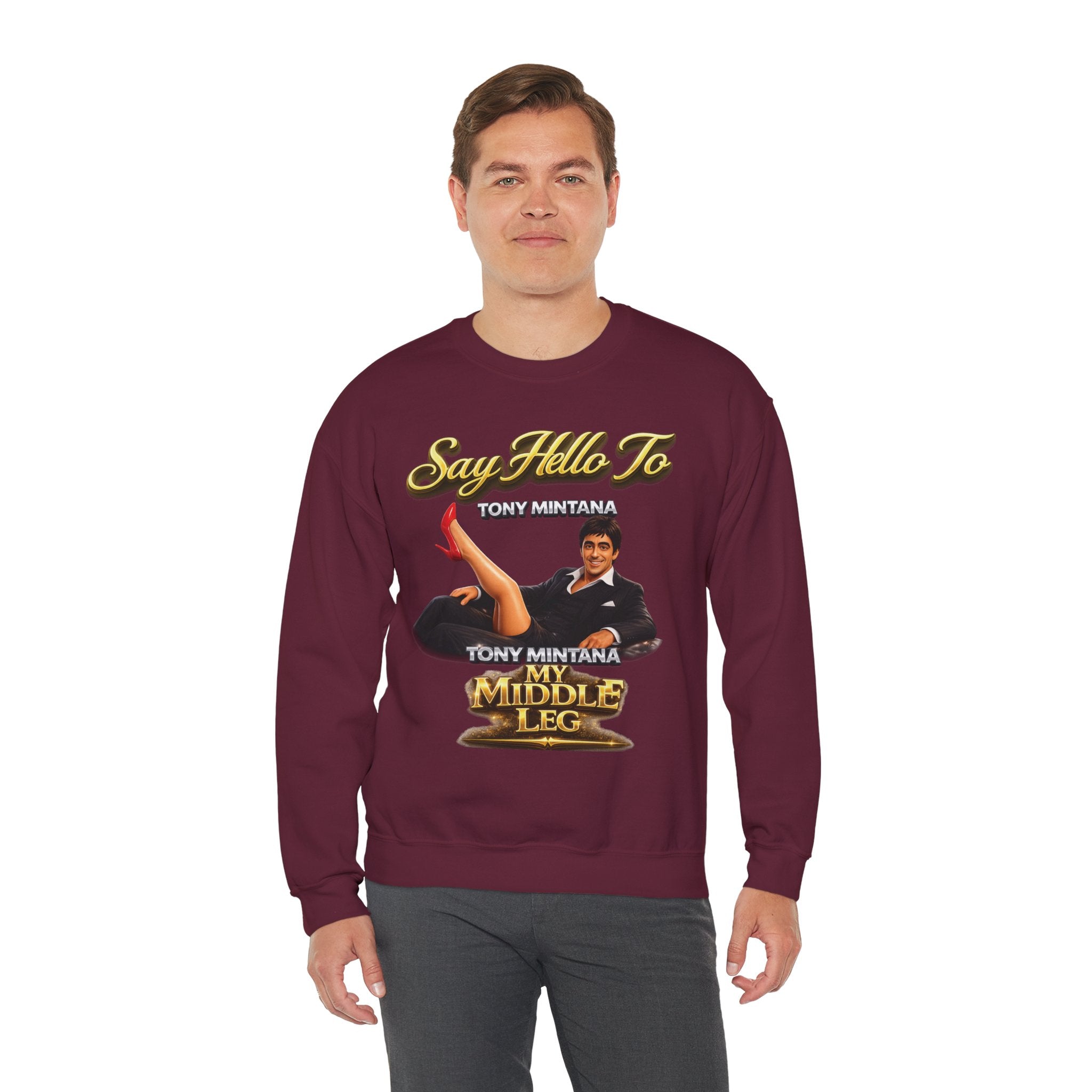 Scarface Parody Crewneck Sweatshirt — "Say Hello to My Middle Leg" Graphic Printify