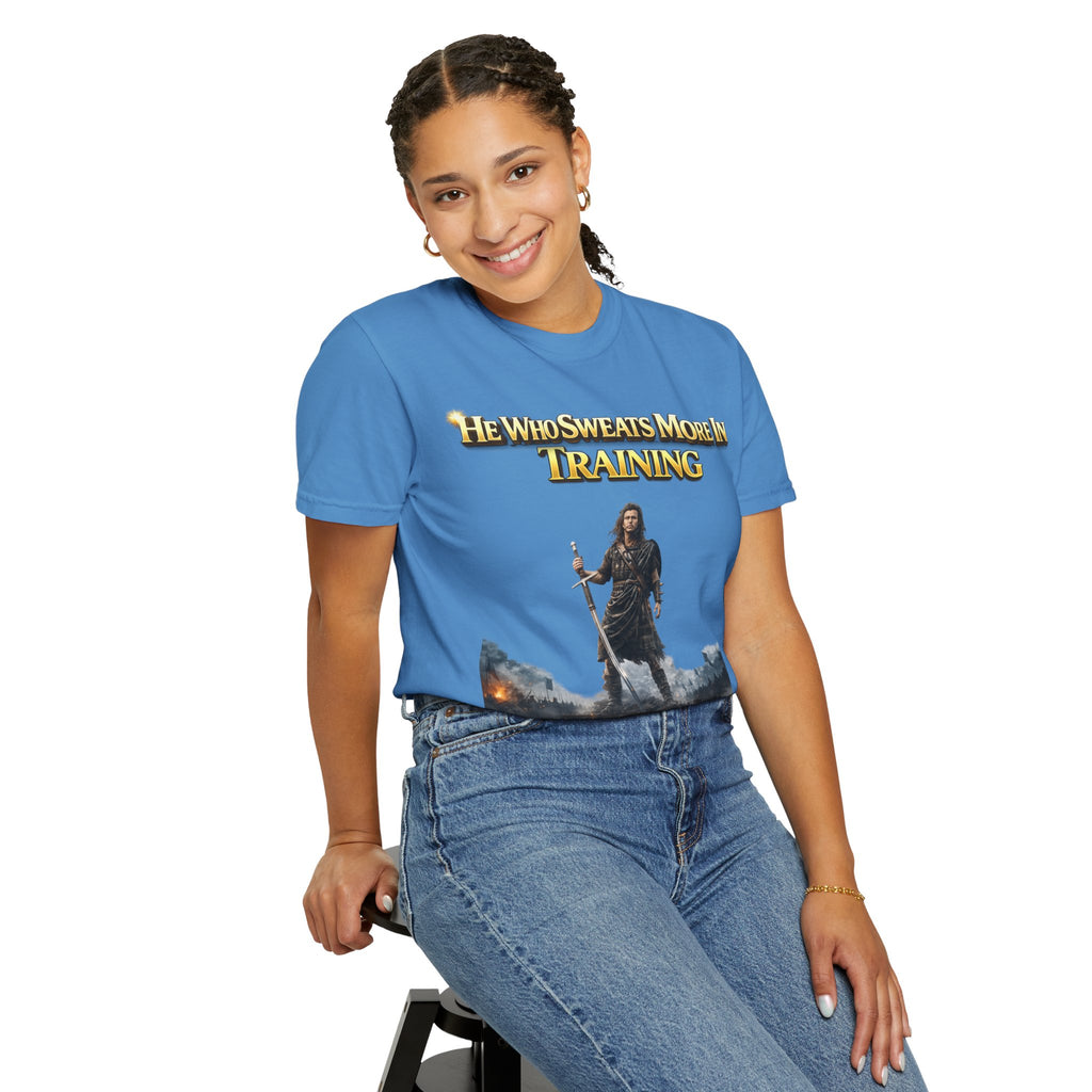 Training Warrior T-Shirt — "He Who Sweats More in Training Bleeds Less in Battle" Printify