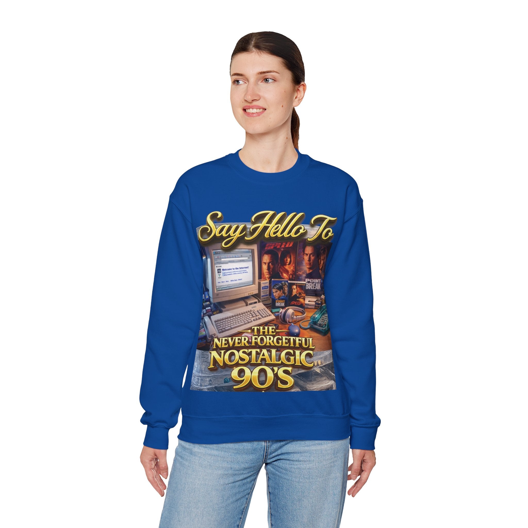 90s Nostalgia Crewneck Sweatshirt – "Say Hello To The Never Forgetful Nostalgic 90's" Printify