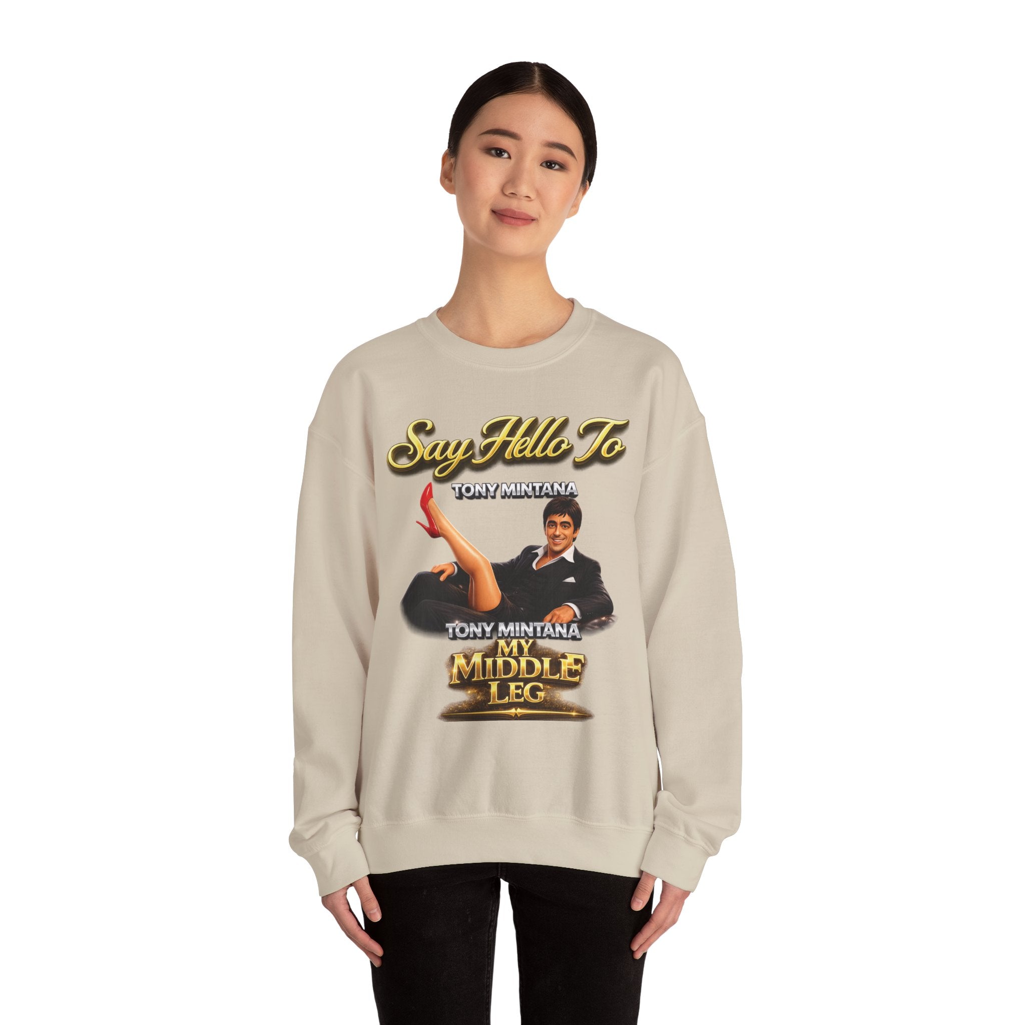 Scarface Parody Crewneck Sweatshirt — "Say Hello to My Middle Leg" Graphic Printify
