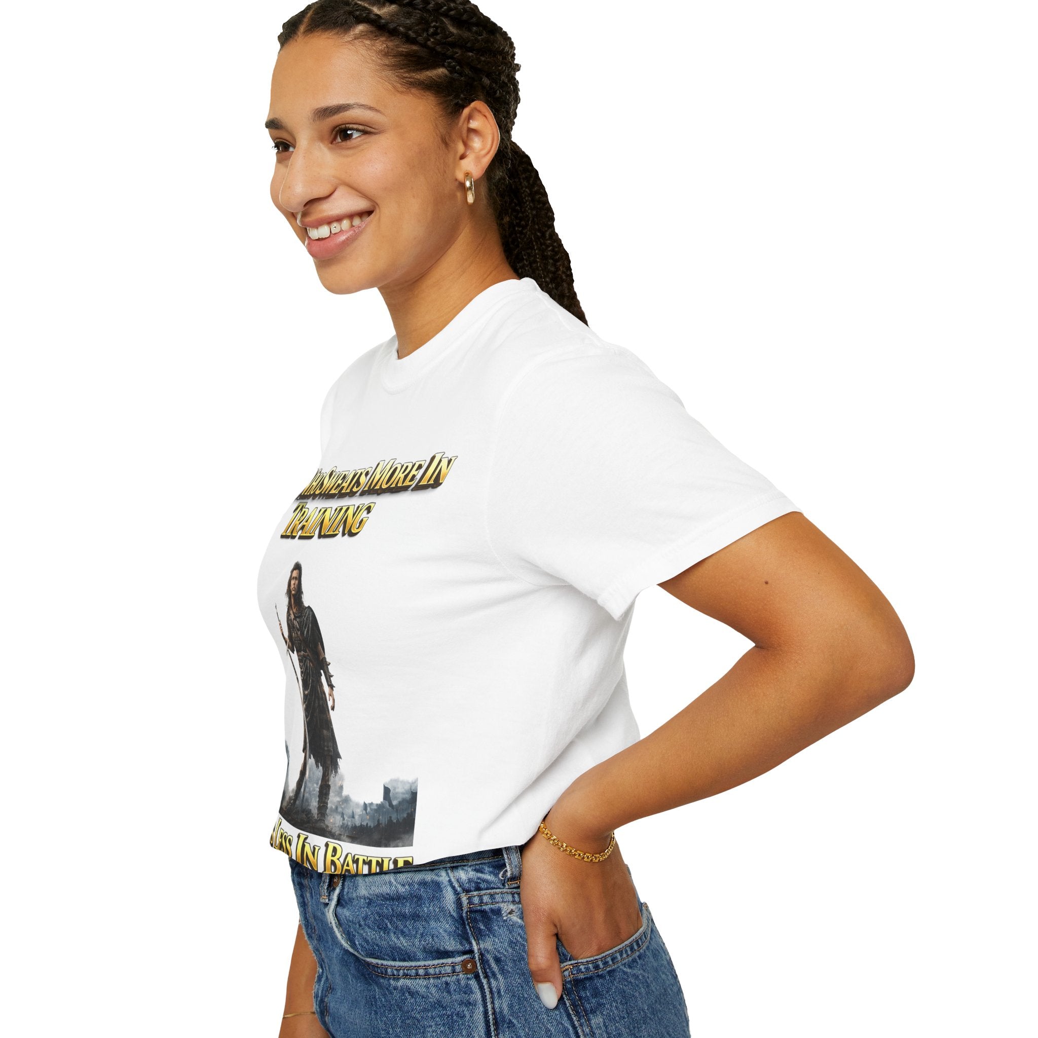Training Warrior T-Shirt — "He Who Sweats More in Training Bleeds Less in Battle" Printify
