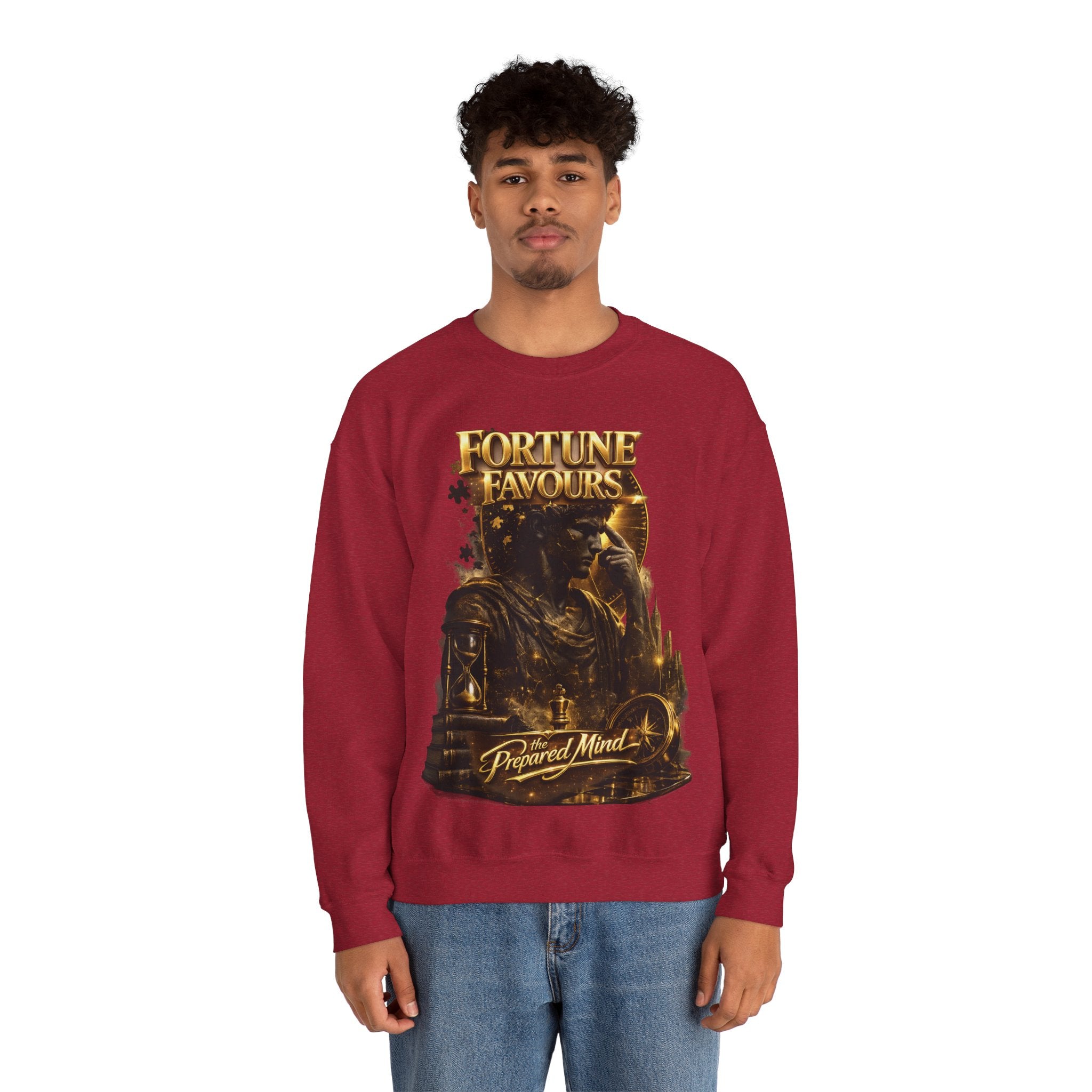 Crewneck Sweatshirt — "Fortune Favors the Prepared Mind" Motivational Design Printify
