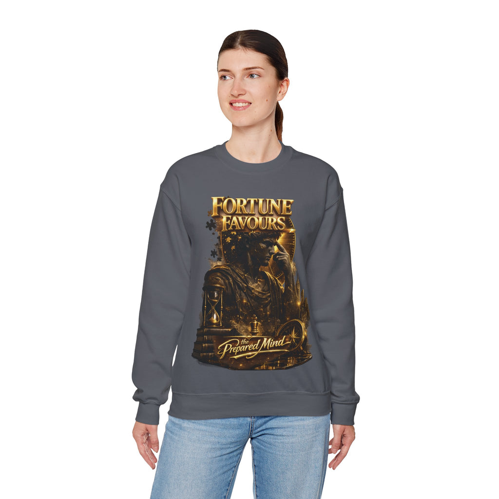 Crewneck Sweatshirt — "Fortune Favors the Prepared Mind" Motivational Design Printify