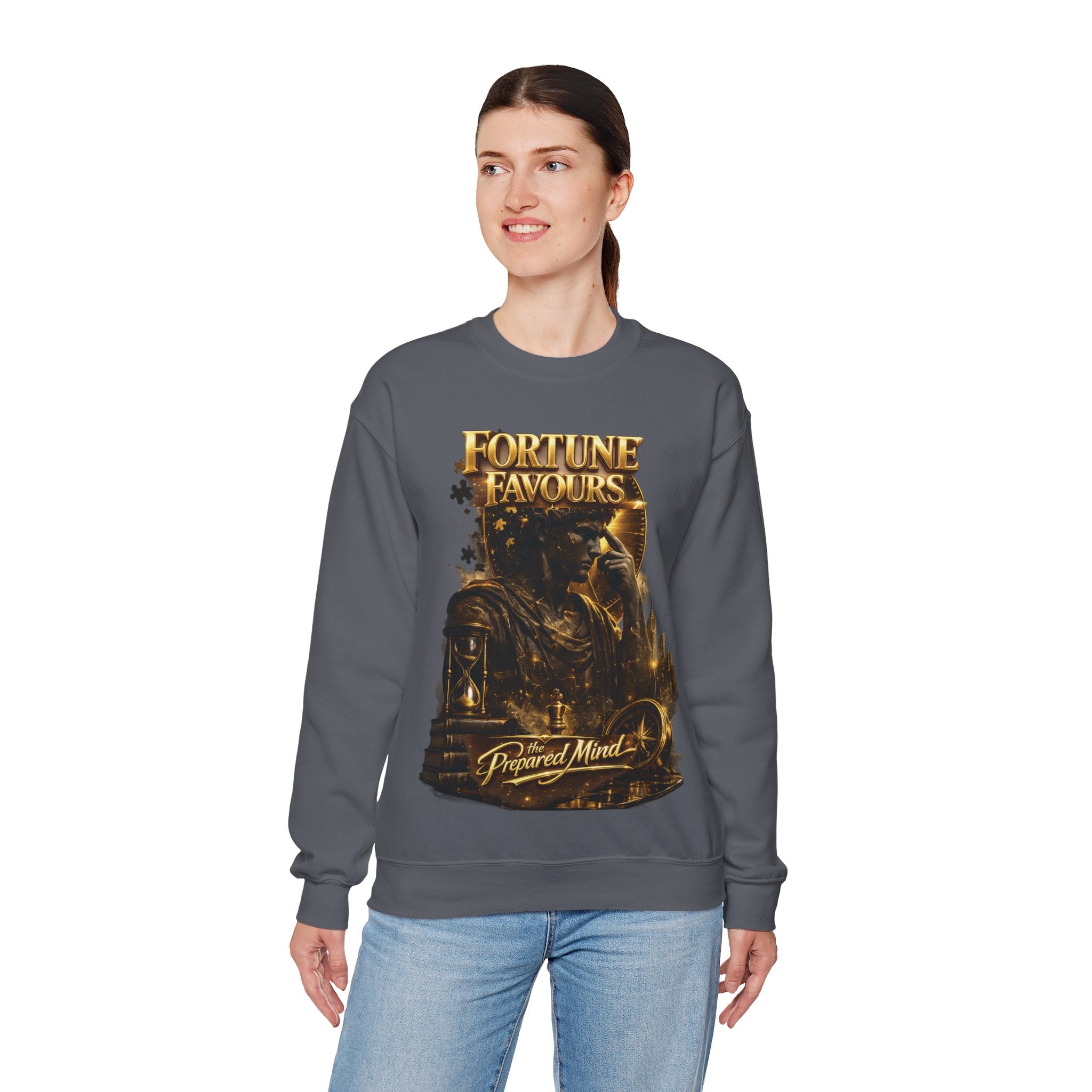 Crewneck Sweatshirt — "Fortune Favors the Prepared Mind" Motivational Design Printify