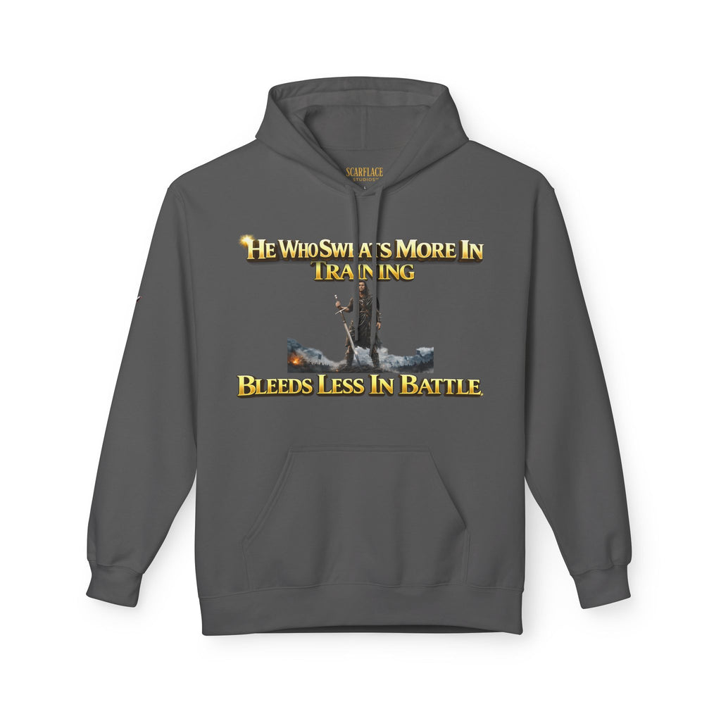 Warrior Training Hoodie — "He Who Sweats More in Training Bleeds Less in Battle" Printify