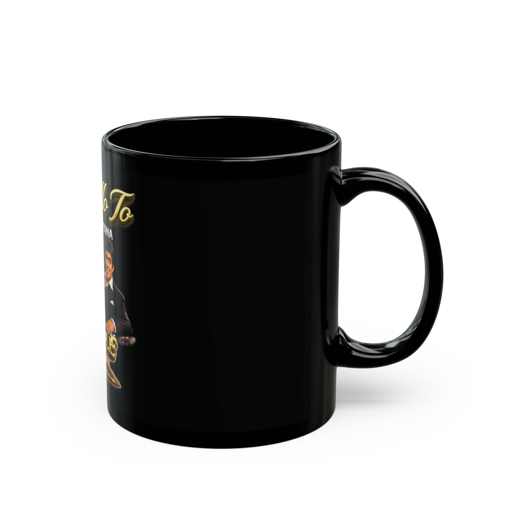 Scarflace 'Say Hello to My Middle Leg' Black Mug — Tony Montana Movie Quote Coffee Cup Printify