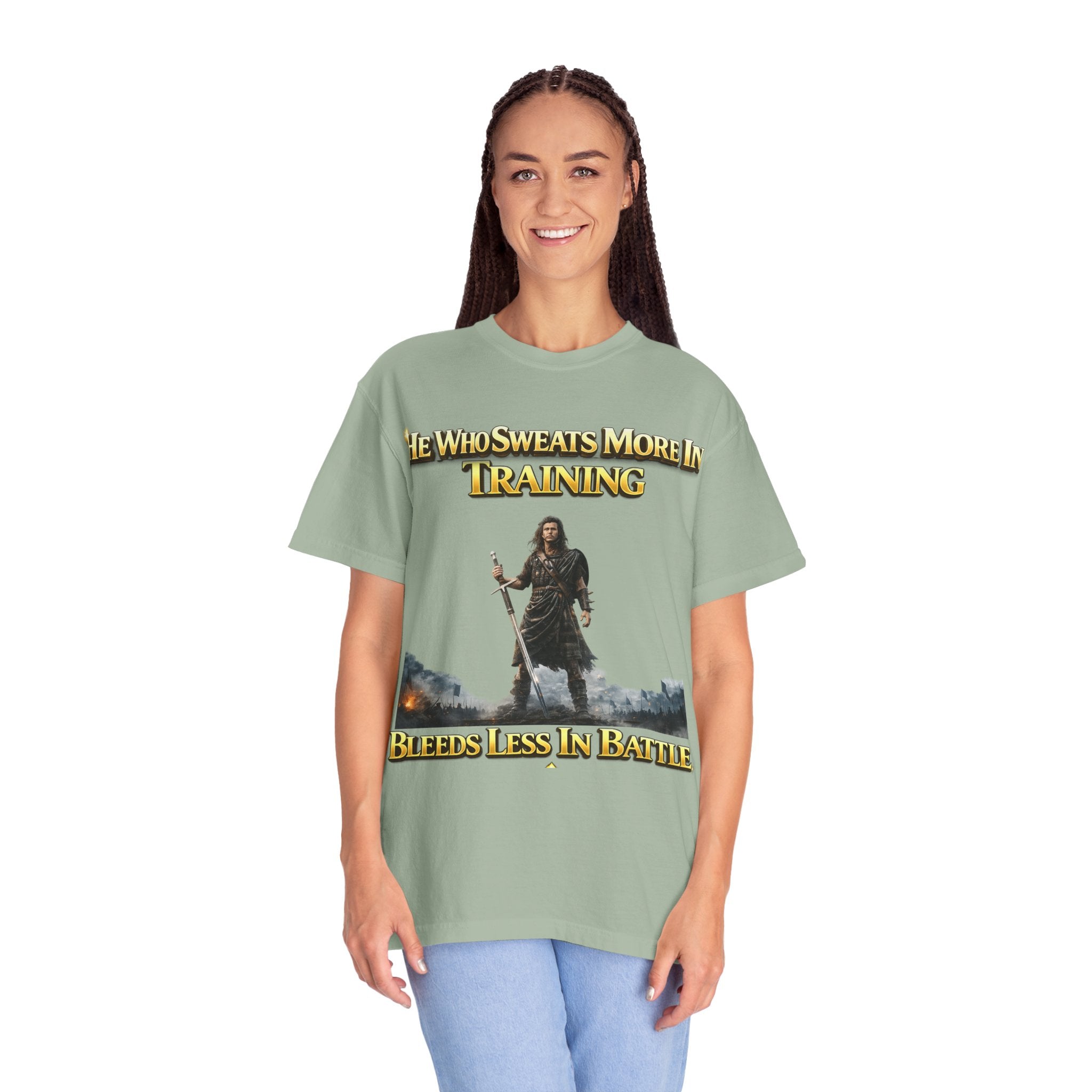 Training Warrior T-Shirt — "He Who Sweats More in Training Bleeds Less in Battle" Printify