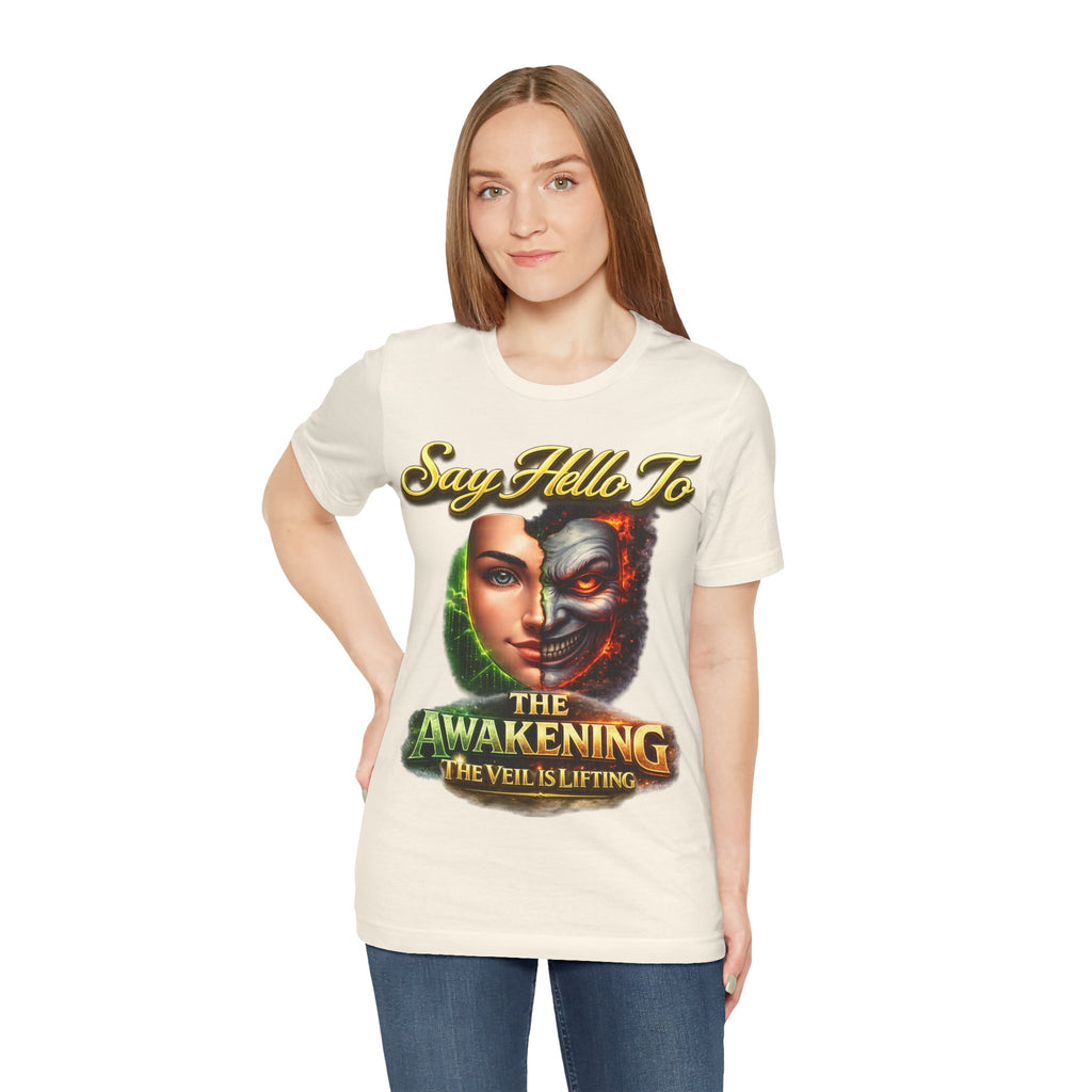 Horror Mask Split Face Tee — "Say Hello To Your Family and Friends" Graphic T-Shirt Printify