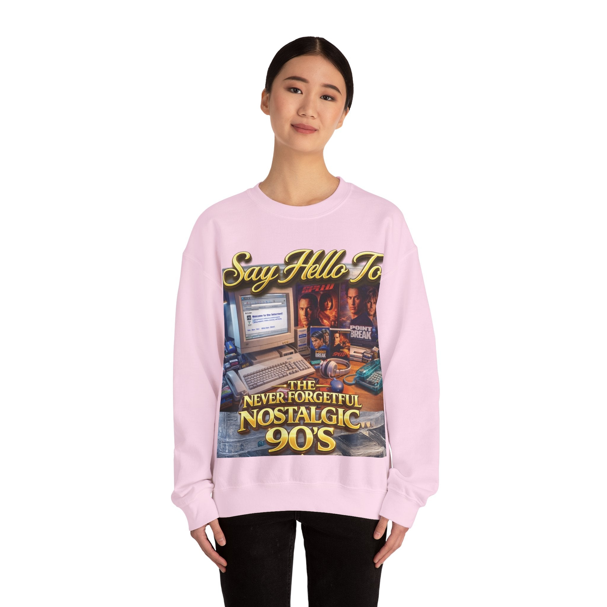 90s Nostalgia Crewneck Sweatshirt – "Say Hello To The Never Forgetful Nostalgic 90's" Printify