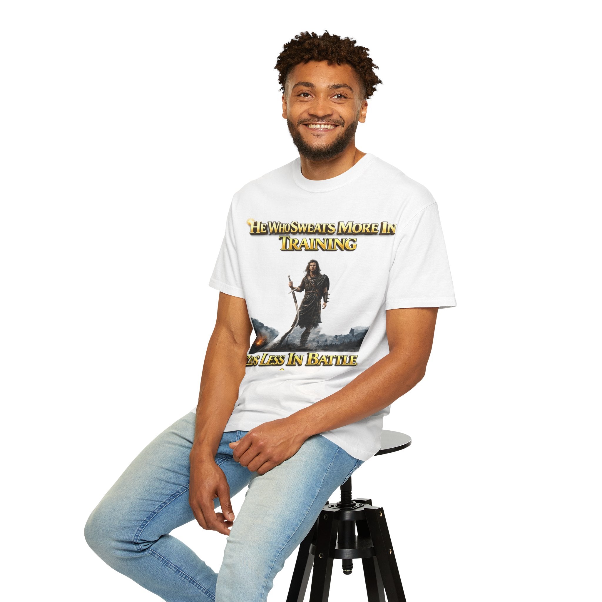 Training Warrior T-Shirt — "He Who Sweats More in Training Bleeds Less in Battle" Printify