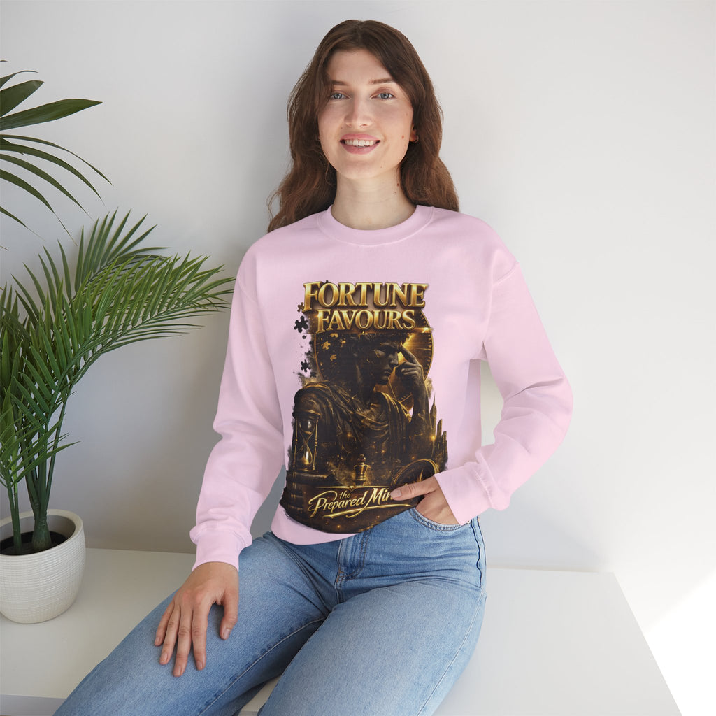 Crewneck Sweatshirt — "Fortune Favors the Prepared Mind" Motivational Design Printify