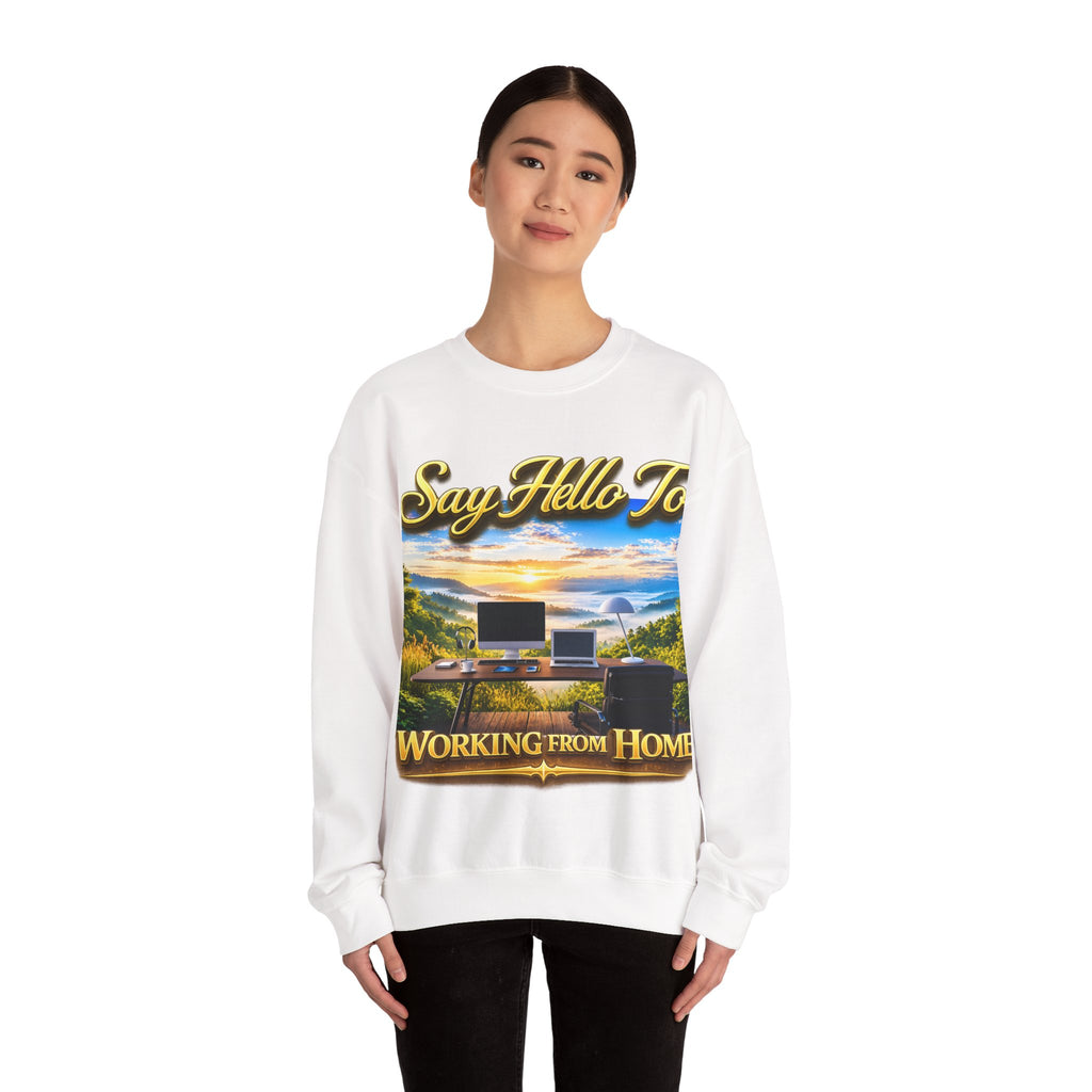 Working From Home Sweatshirt – "Say Hello To" Scenic Home Office Crewneck Printify