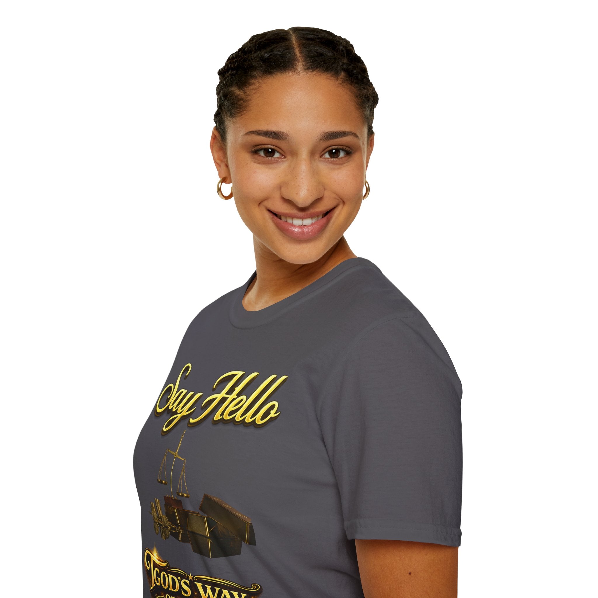T-Shirt — "Say Hello" Money & Faith Graphic Tee (God's Way You Make Too Much Money) Printify
