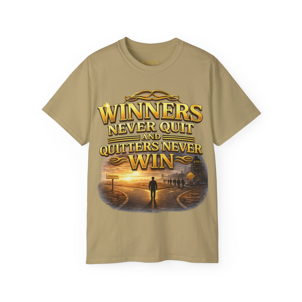 Winners Never Quit Inspirational Tee — Motivational Quote Shirt Printify