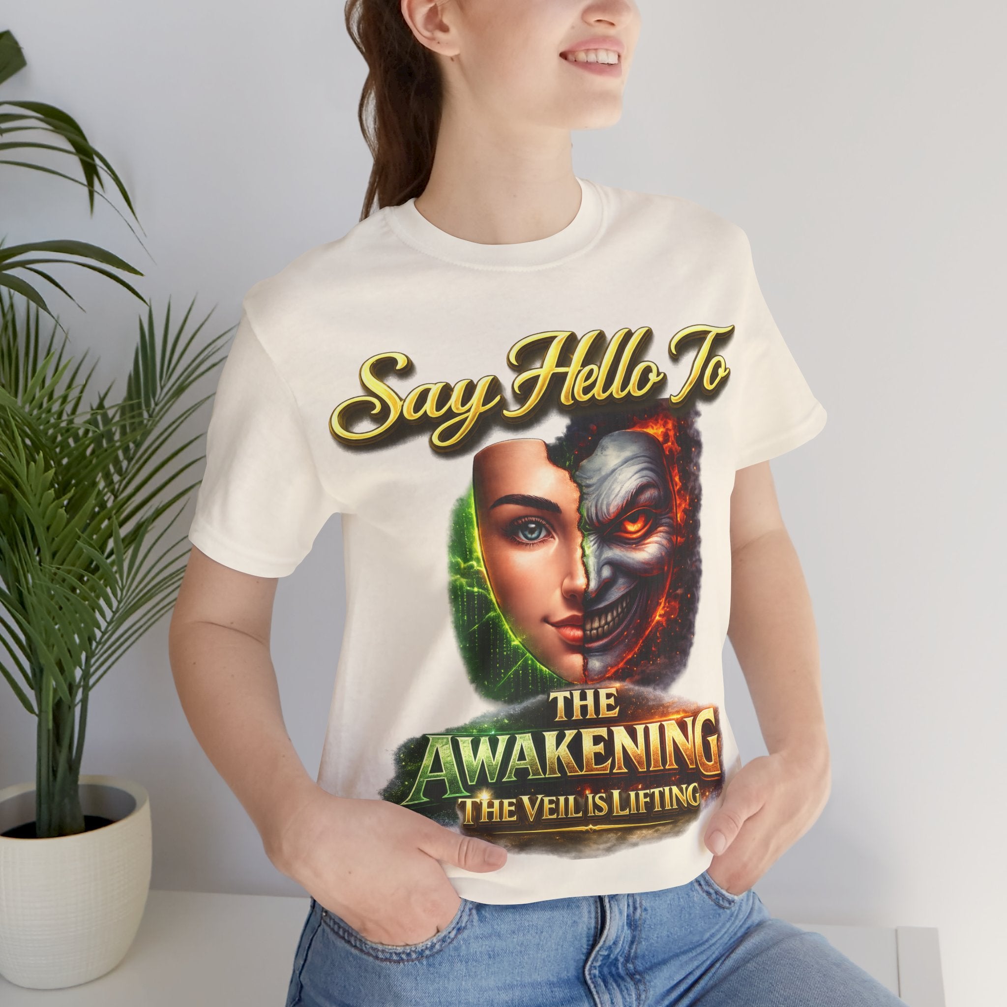 Horror Mask Split Face Tee — "Say Hello To Your Family and Friends" Graphic T-Shirt Printify