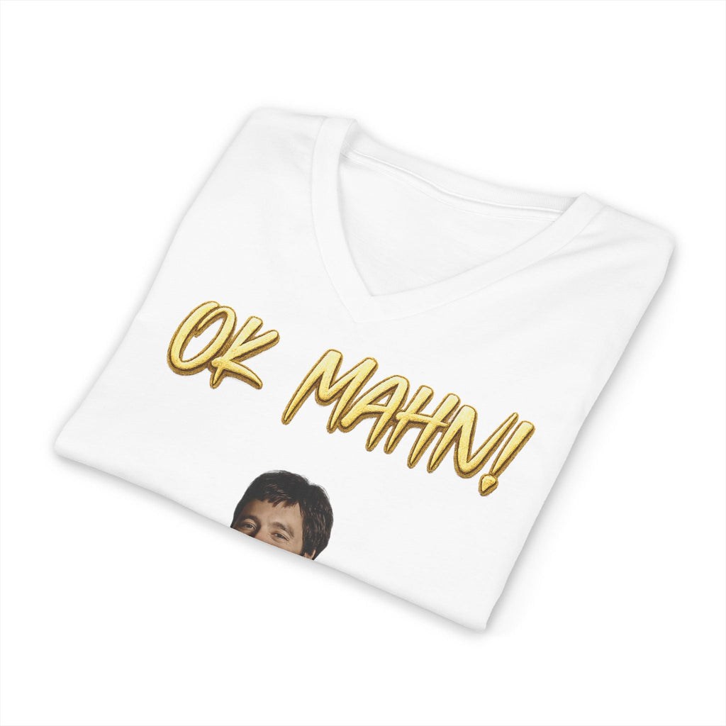 OK Mahn! V-Neck Tee — Vintage Laugh Meme T-Shirt Scarflace Studios Printify