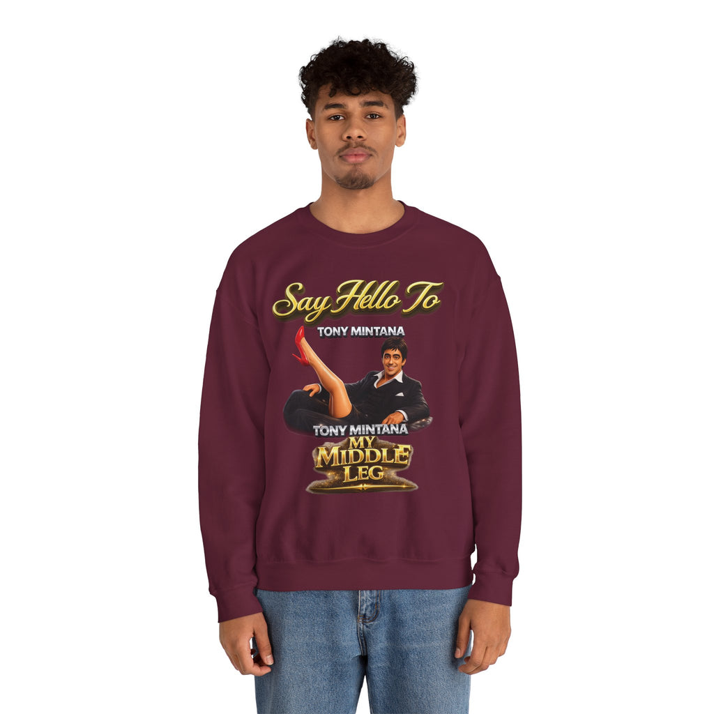 Scarface Parody Crewneck Sweatshirt — "Say Hello to My Middle Leg" Graphic Printify