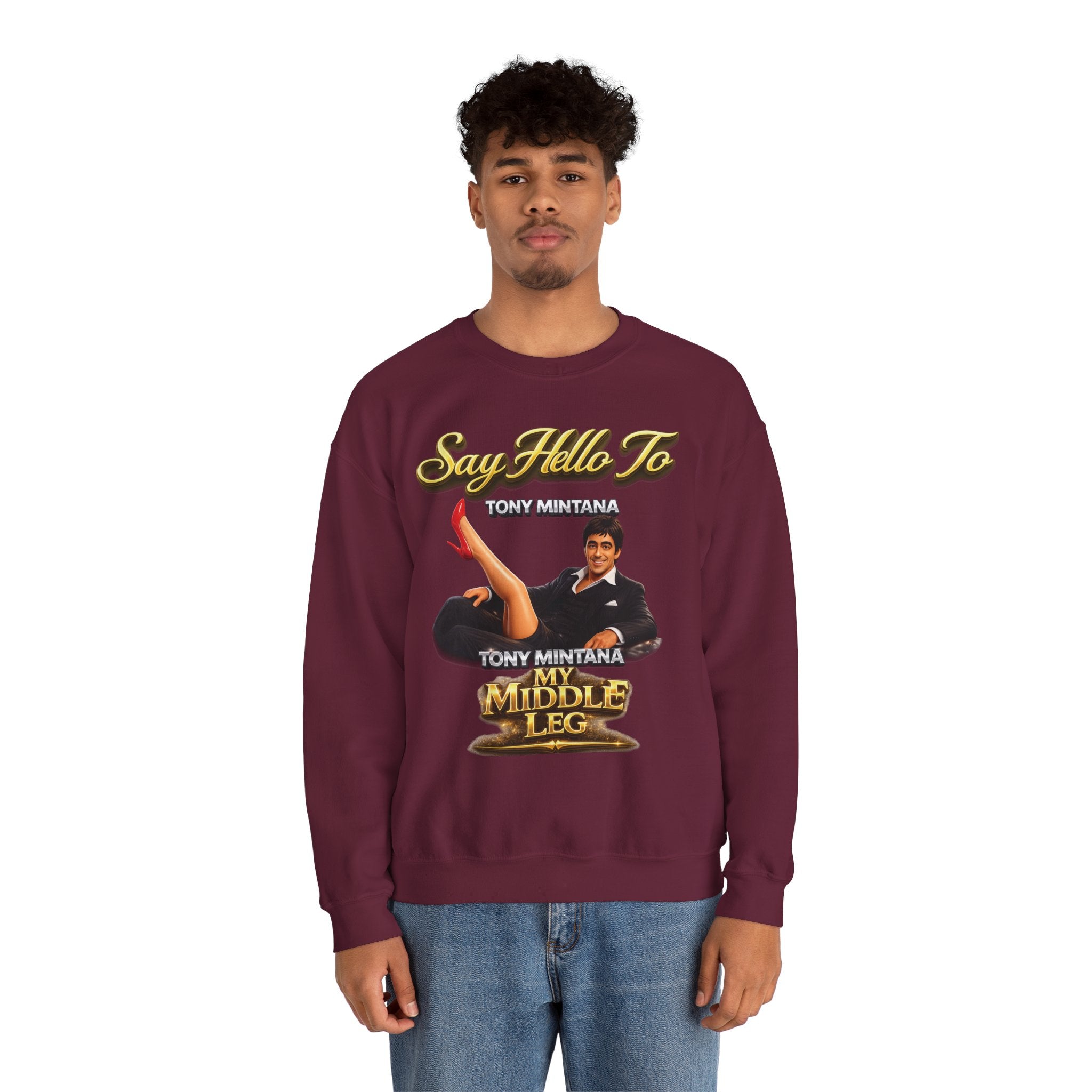 Scarface Parody Crewneck Sweatshirt — "Say Hello to My Middle Leg" Graphic Printify