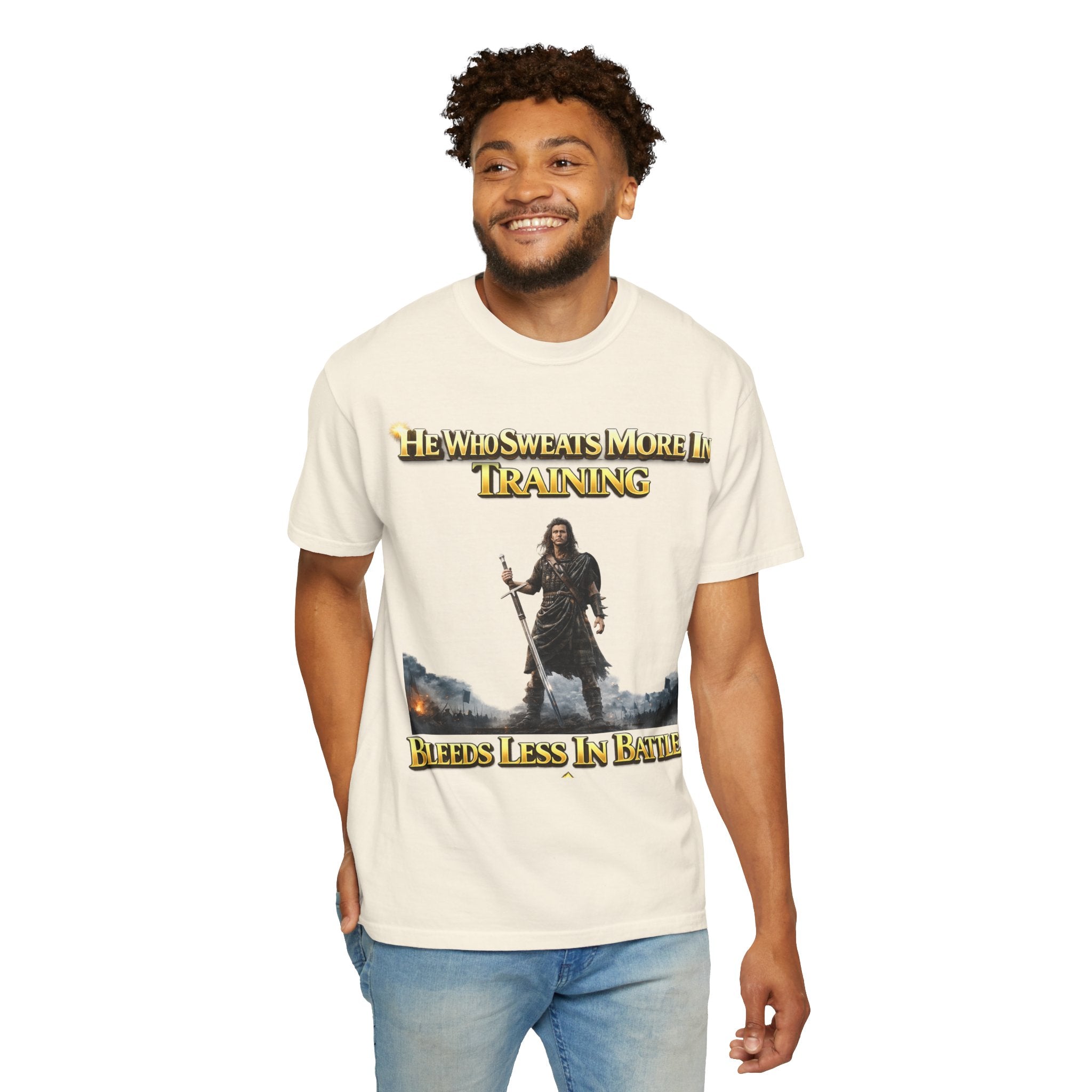 Training Warrior T-Shirt — "He Who Sweats More in Training Bleeds Less in Battle" Printify