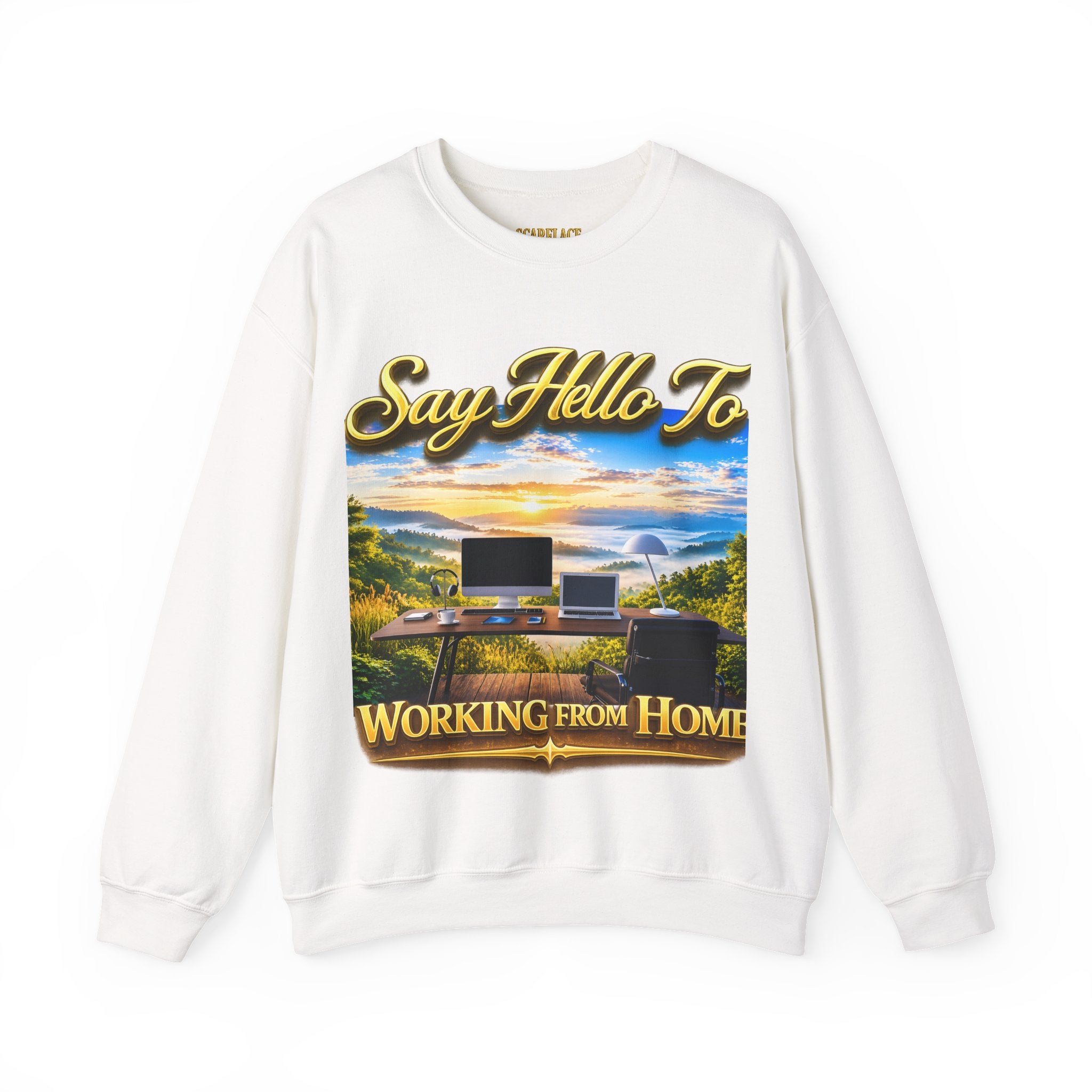 Working From Home Sweatshirt – "Say Hello To" Scenic Home Office Crewneck Printify