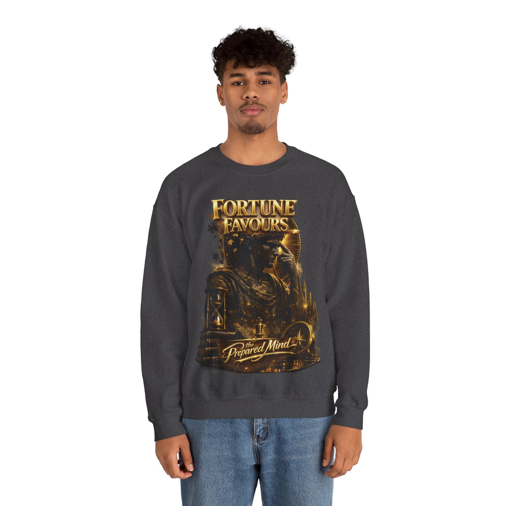 Crewneck Sweatshirt — "Fortune Favors the Prepared Mind" Motivational Design Printify